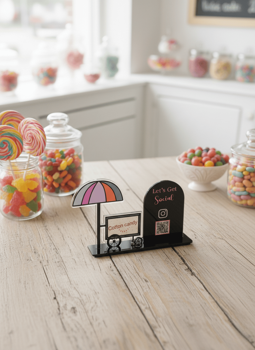Renkli Cotton Candy Temalı Sosyal Medya QR Masa Üstü Standı – Şeffaf Pleksi, UV Baskı