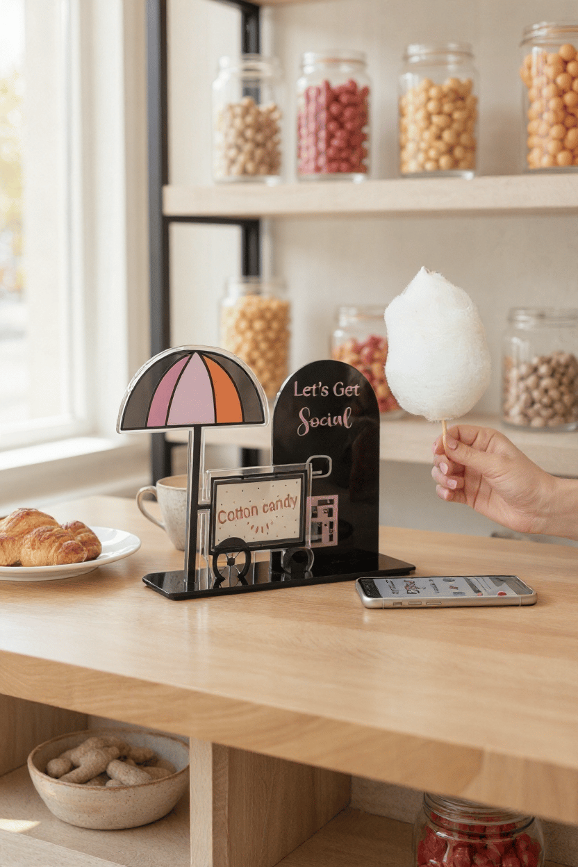 Renkli Cotton Candy Temalı Sosyal Medya QR Masa Üstü Standı – Şeffaf Pleksi, UV Baskı