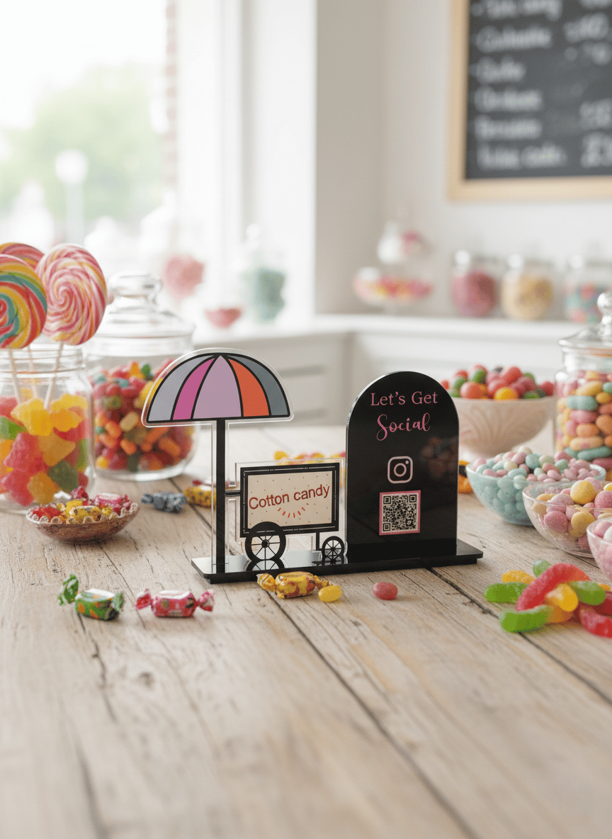 Renkli Cotton Candy Temalı Sosyal Medya QR Masa Üstü Standı – Şeffaf Pleksi, UV Baskı