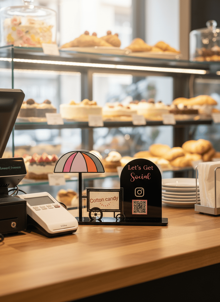 Renkli Cotton Candy Temalı Sosyal Medya QR Masa Üstü Standı – Şeffaf Pleksi, UV Baskı