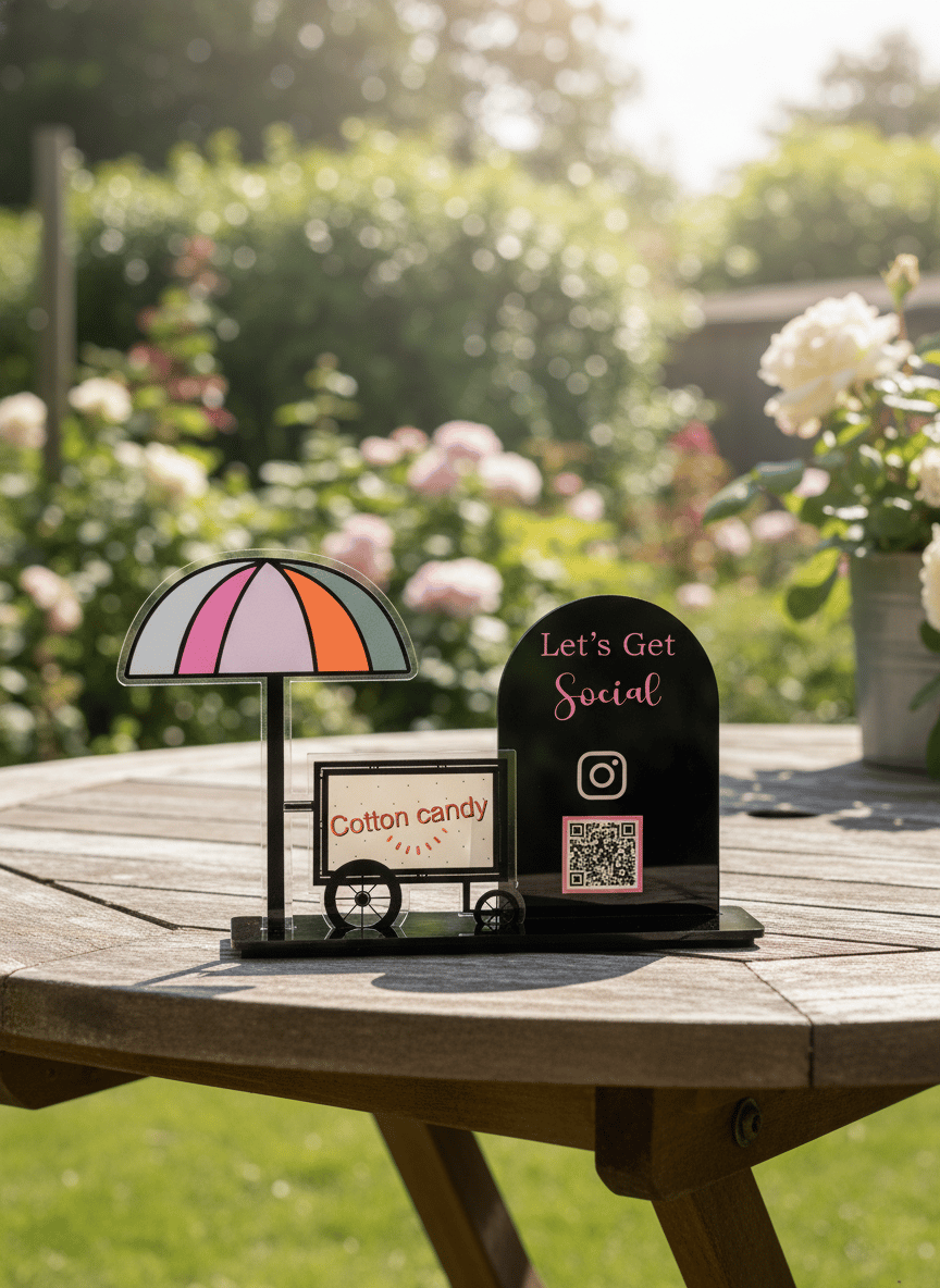 Renkli Cotton Candy Temalı Sosyal Medya QR Masa Üstü Standı – Şeffaf Pleksi, UV Baskı