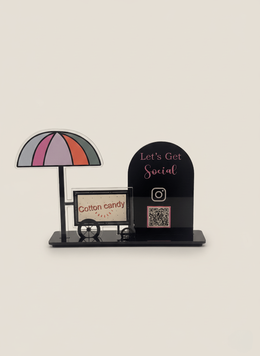 Renkli Cotton Candy Temalı Sosyal Medya QR Masa Üstü Standı – Şeffaf Pleksi, UV Baskı