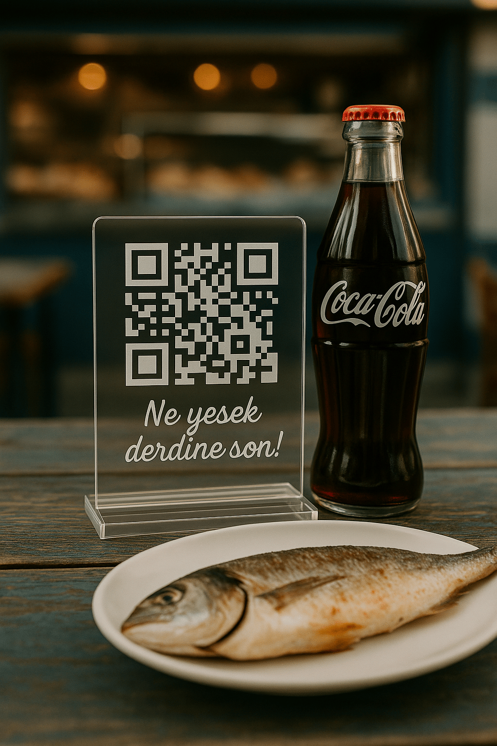 Şeffaf Pleksi QR Menü Standı – “Ne Yesek Derdine Son” | Kafe & Restoran Masa Üstü Menü Tutucu