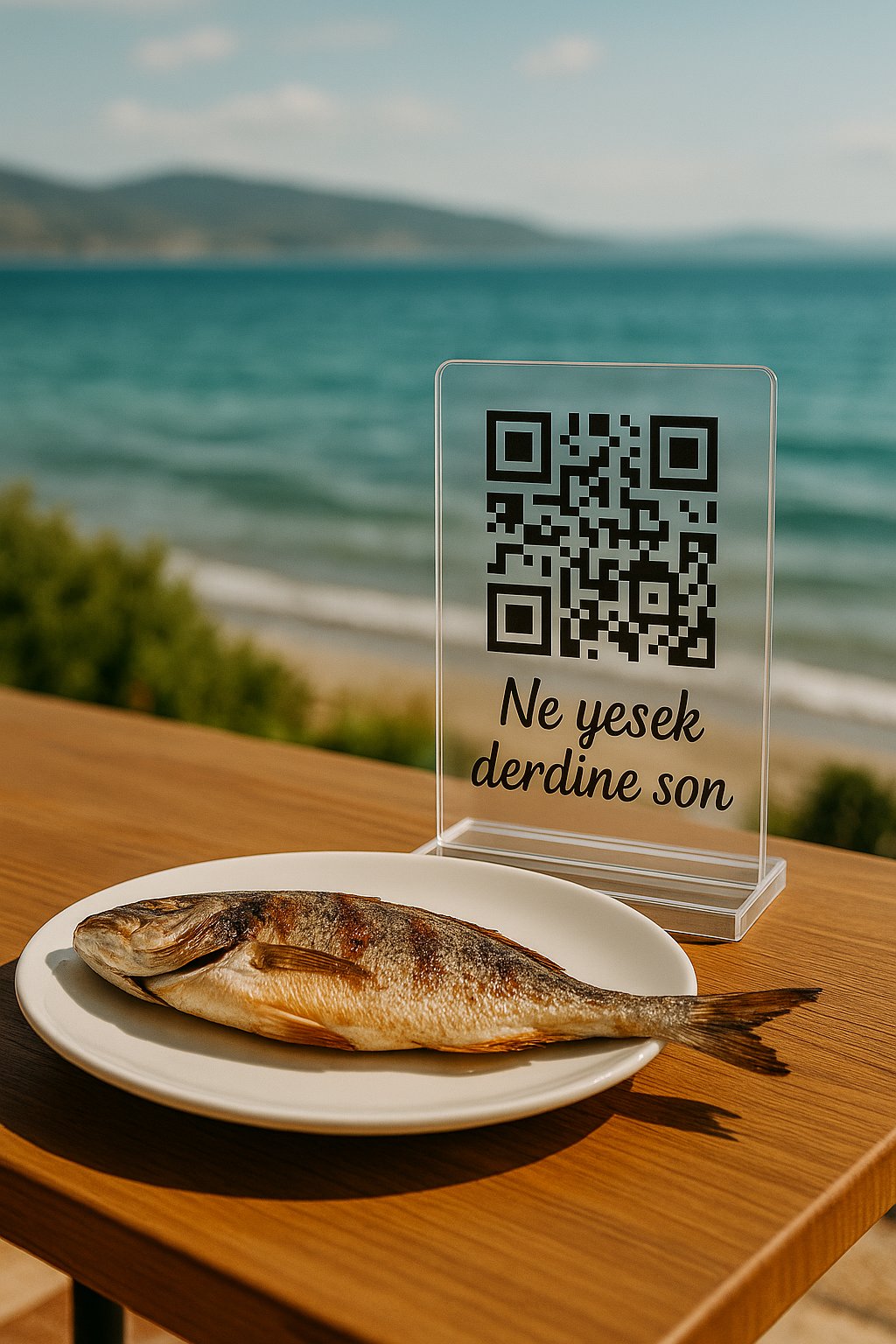 Şeffaf Pleksi QR Menü Standı – “Ne Yesek Derdine Son” | Kafe & Restoran Masa Üstü Menü Tutucu