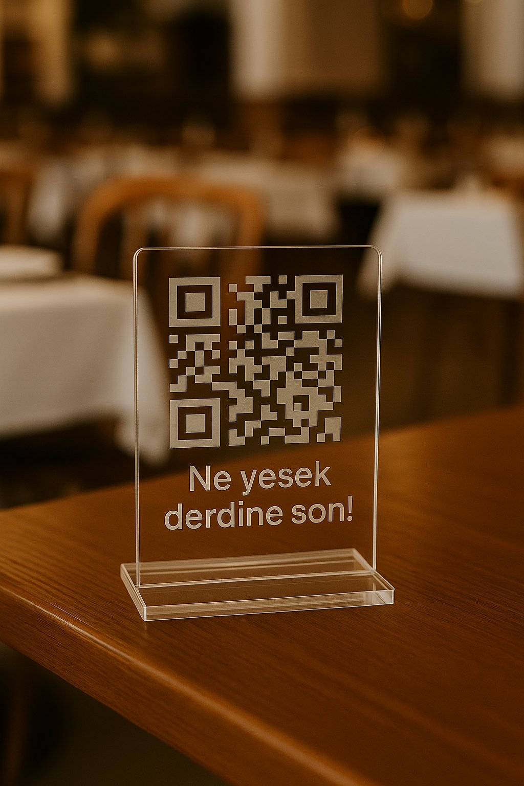 Şeffaf Pleksi QR Menü Standı – “Ne Yesek Derdine Son” | Kafe & Restoran Masa Üstü Menü Tutucu