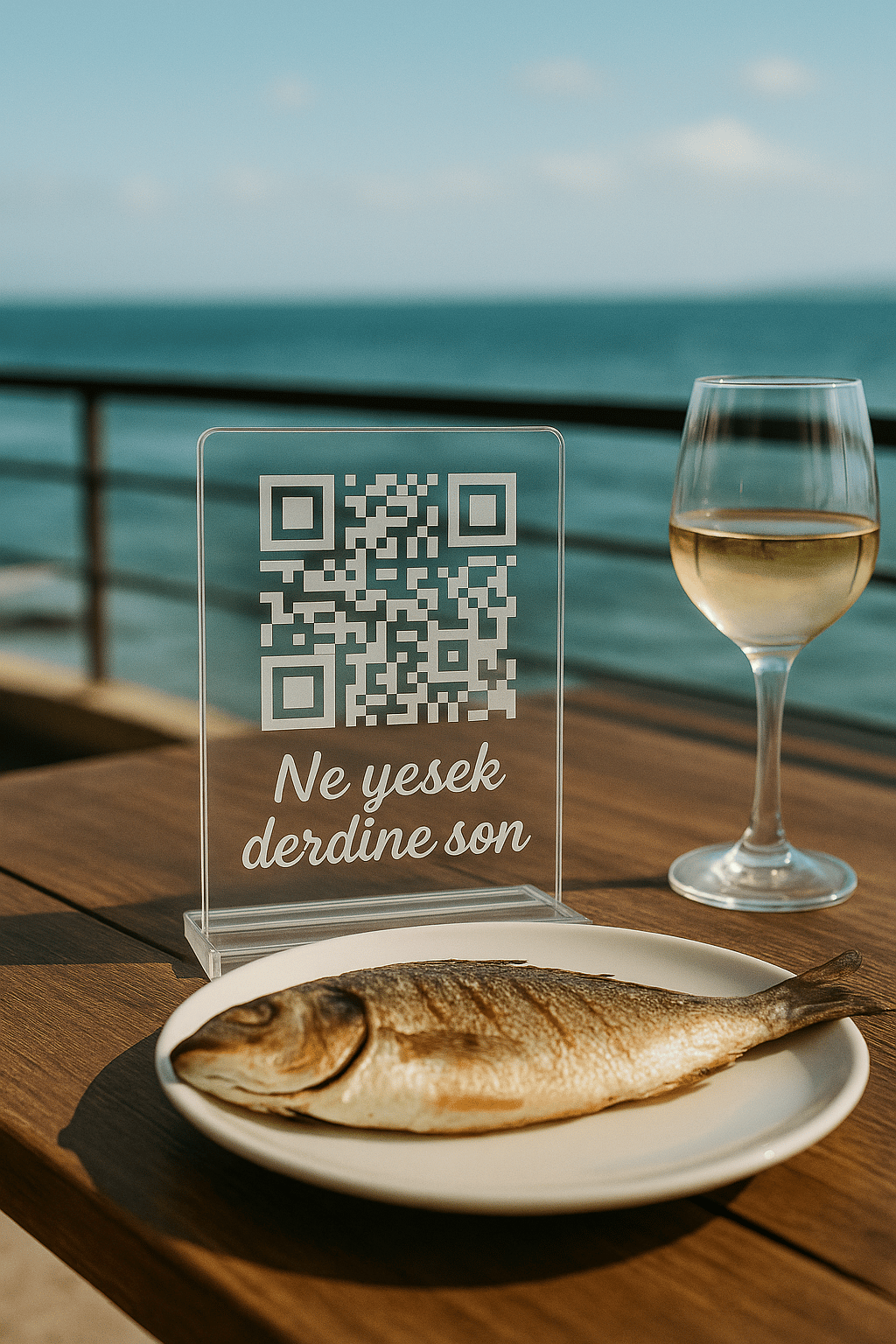 Şeffaf Pleksi QR Menü Standı – “Ne Yesek Derdine Son” | Kafe & Restoran Masa Üstü Menü Tutucu