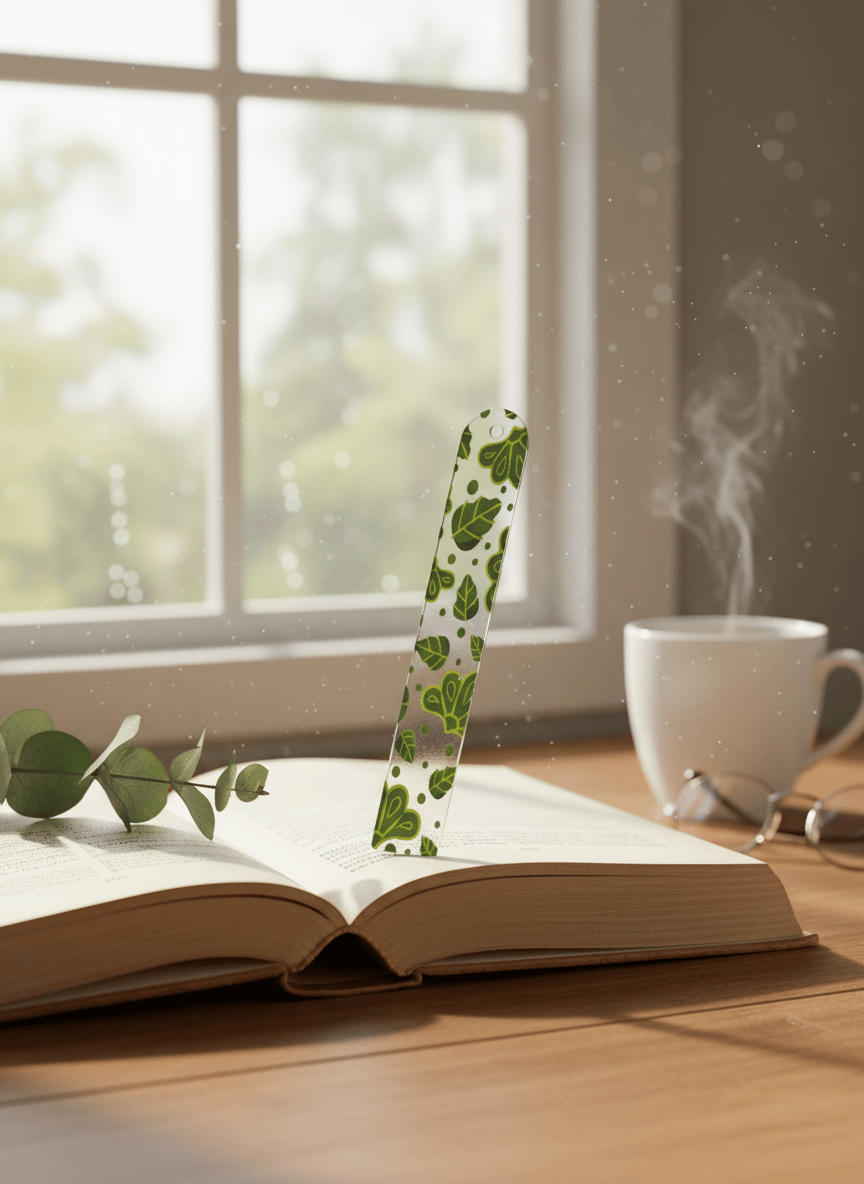 Yaprak Tasarımlı – Şeffaf UV Baskılı Pleksi Kitap Ayracı