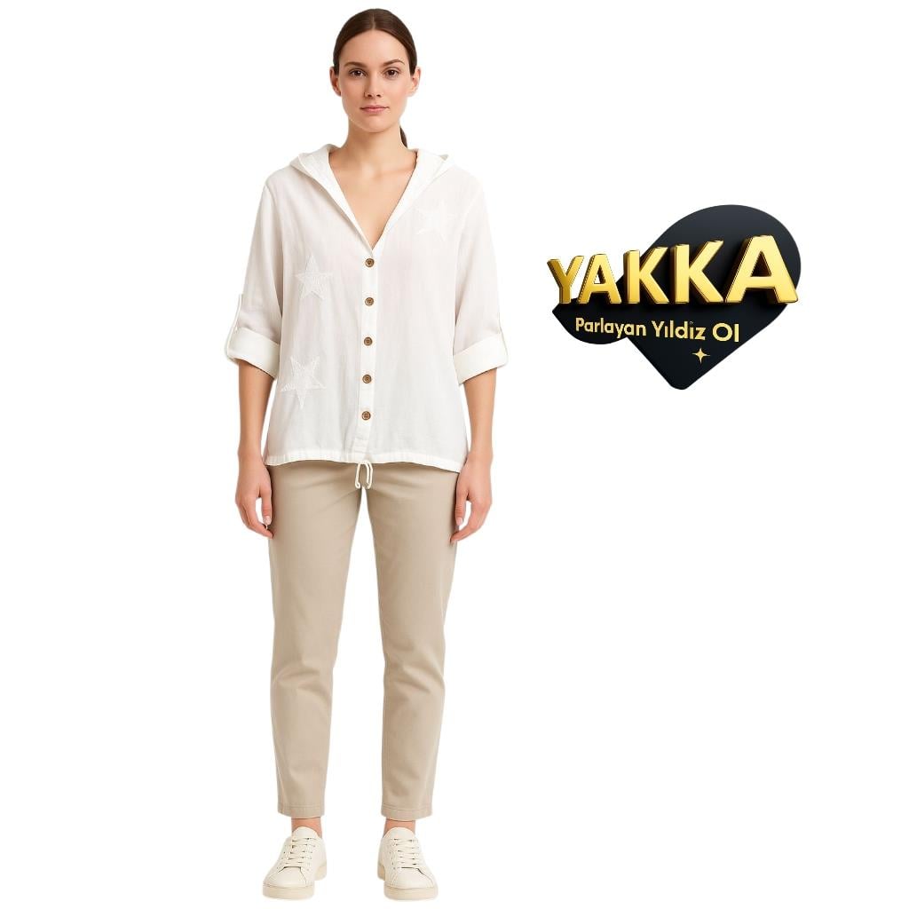 YAKKA Beyaz Kapüşonlu Yıldız Nakışlı Gömlek
