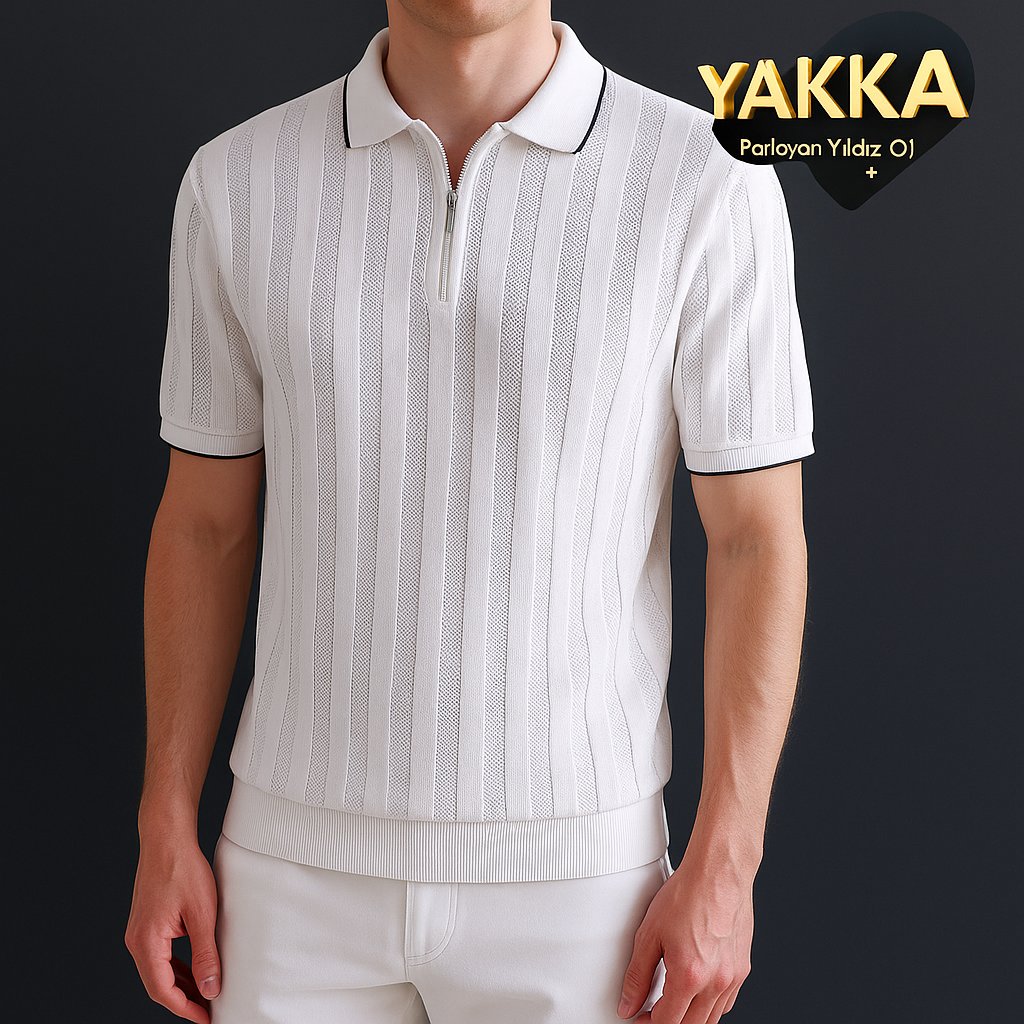 YAKKA Erkek Beyaz Çizgili Triko Polo Yaka Tişört – Fermuarlı