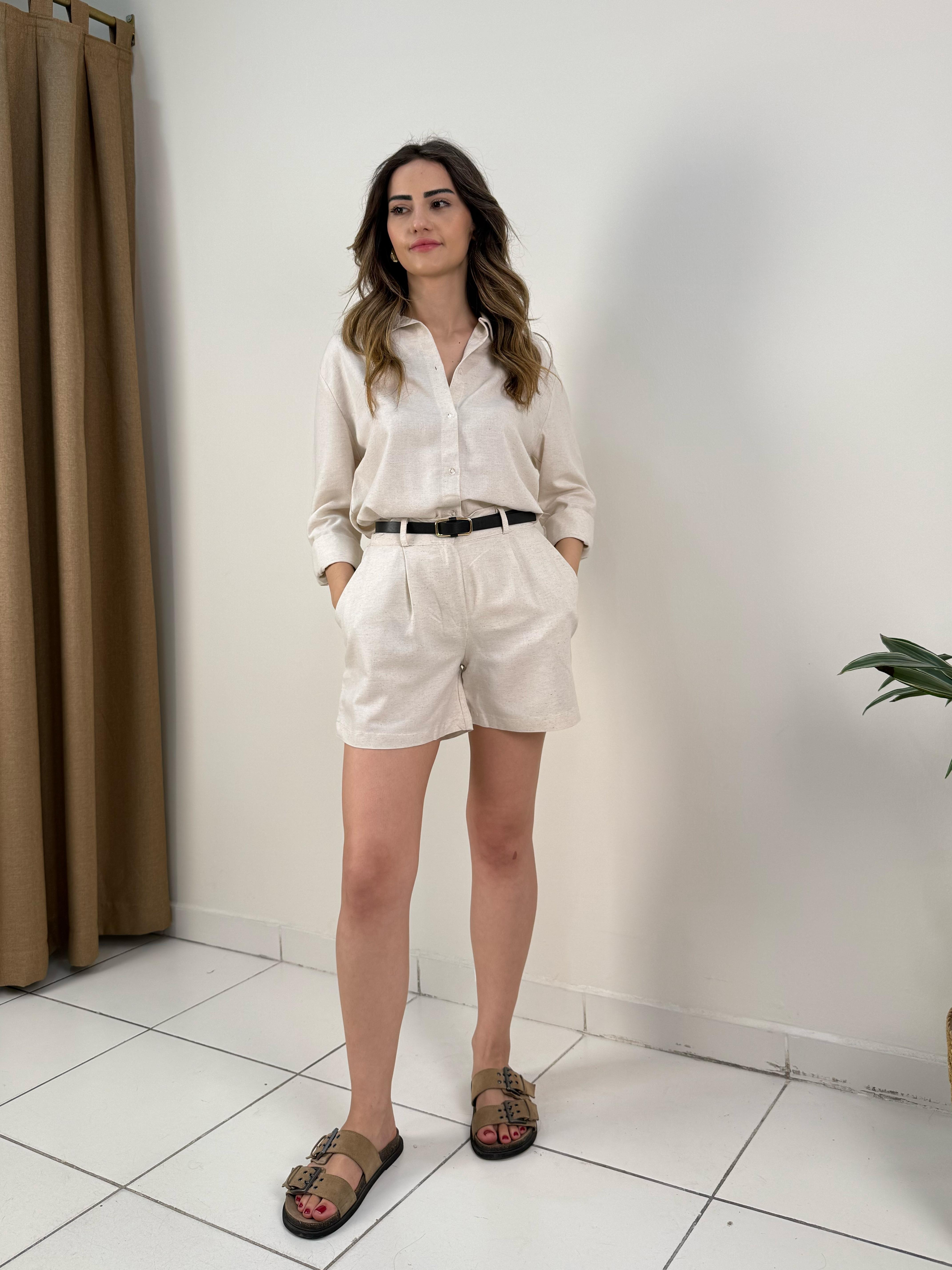 Bej Gömlek Şort Takım