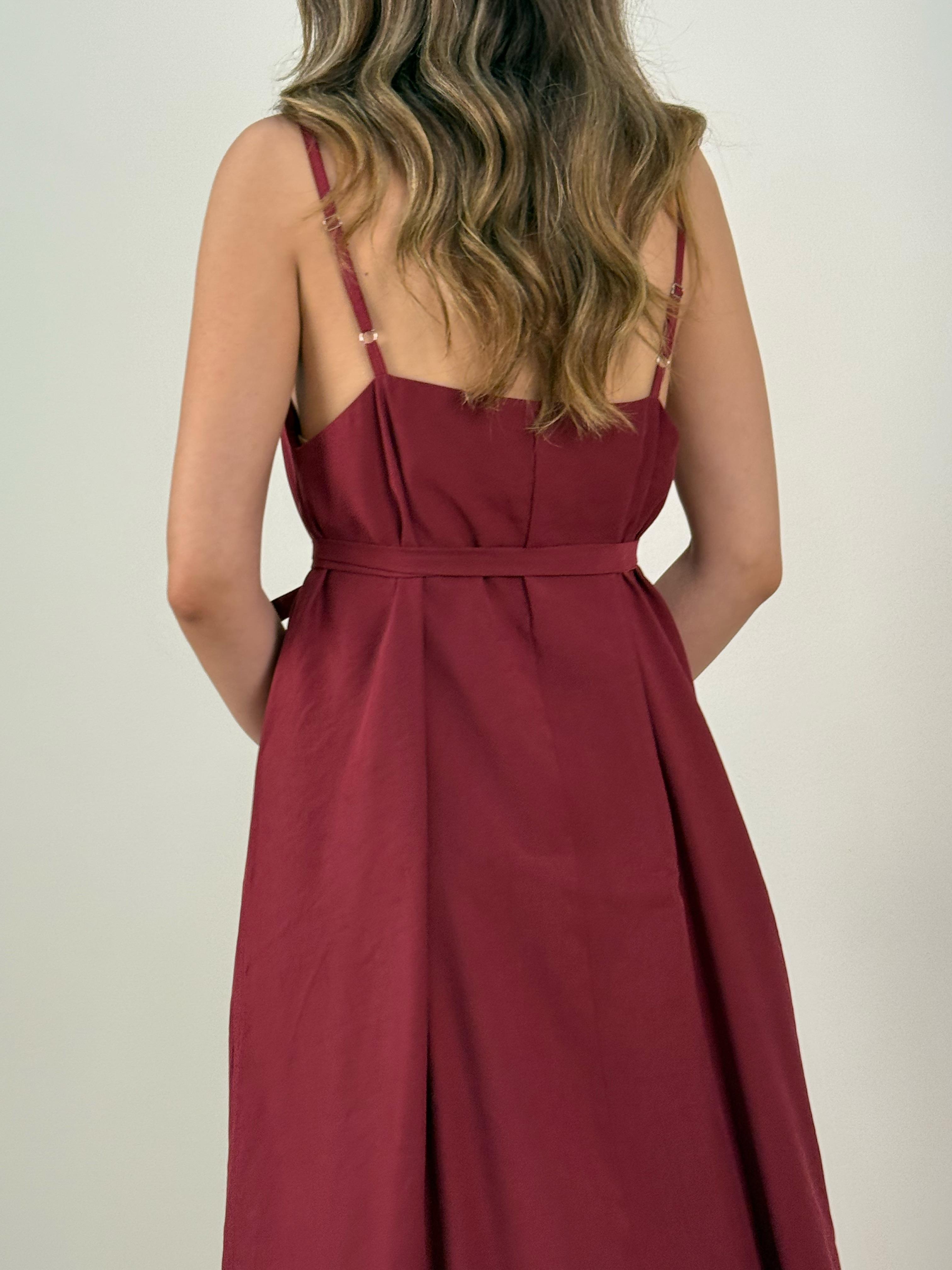 Bordo Askılı Uzun Elbise