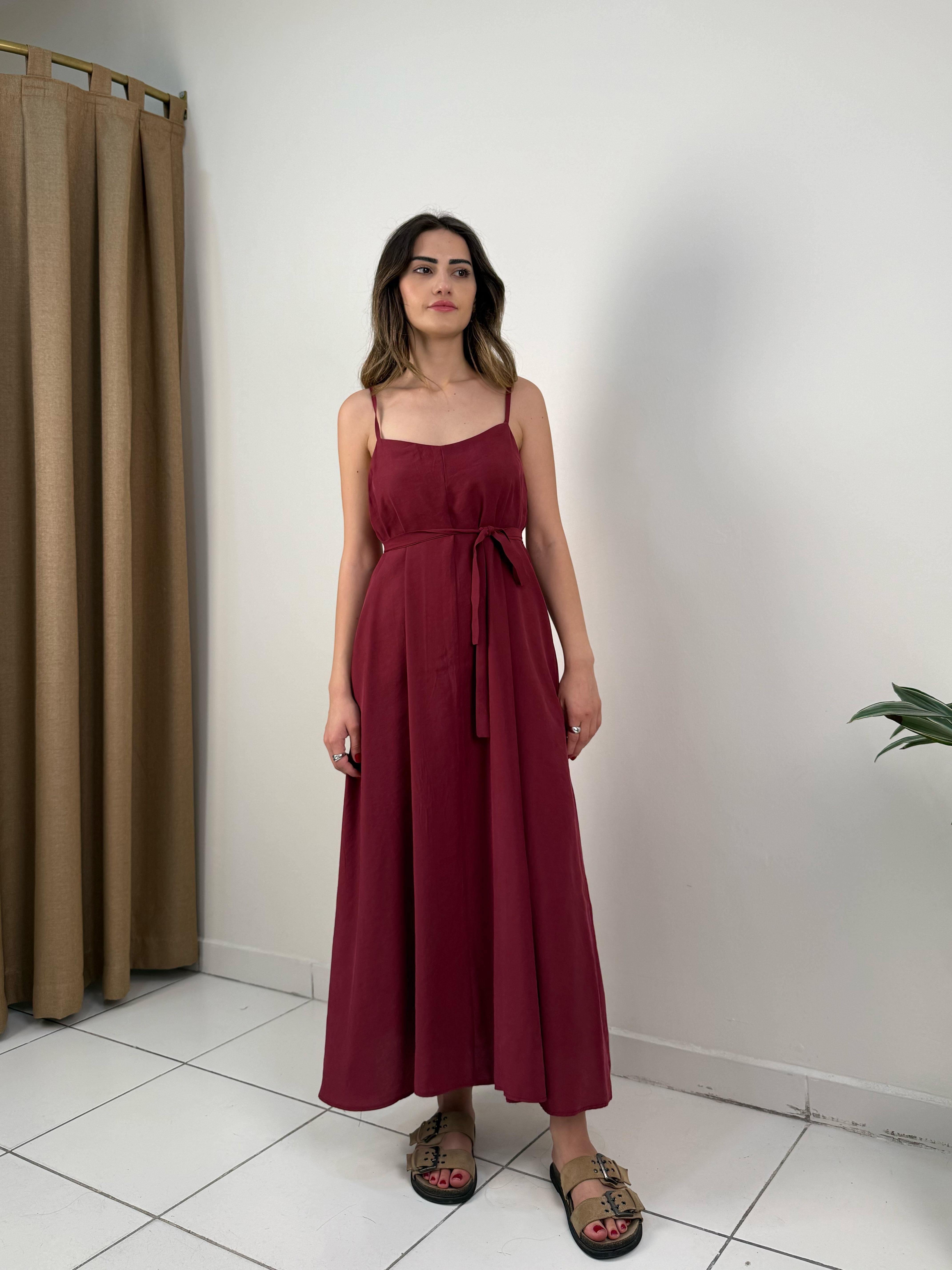 Bordo Askılı Uzun Elbise