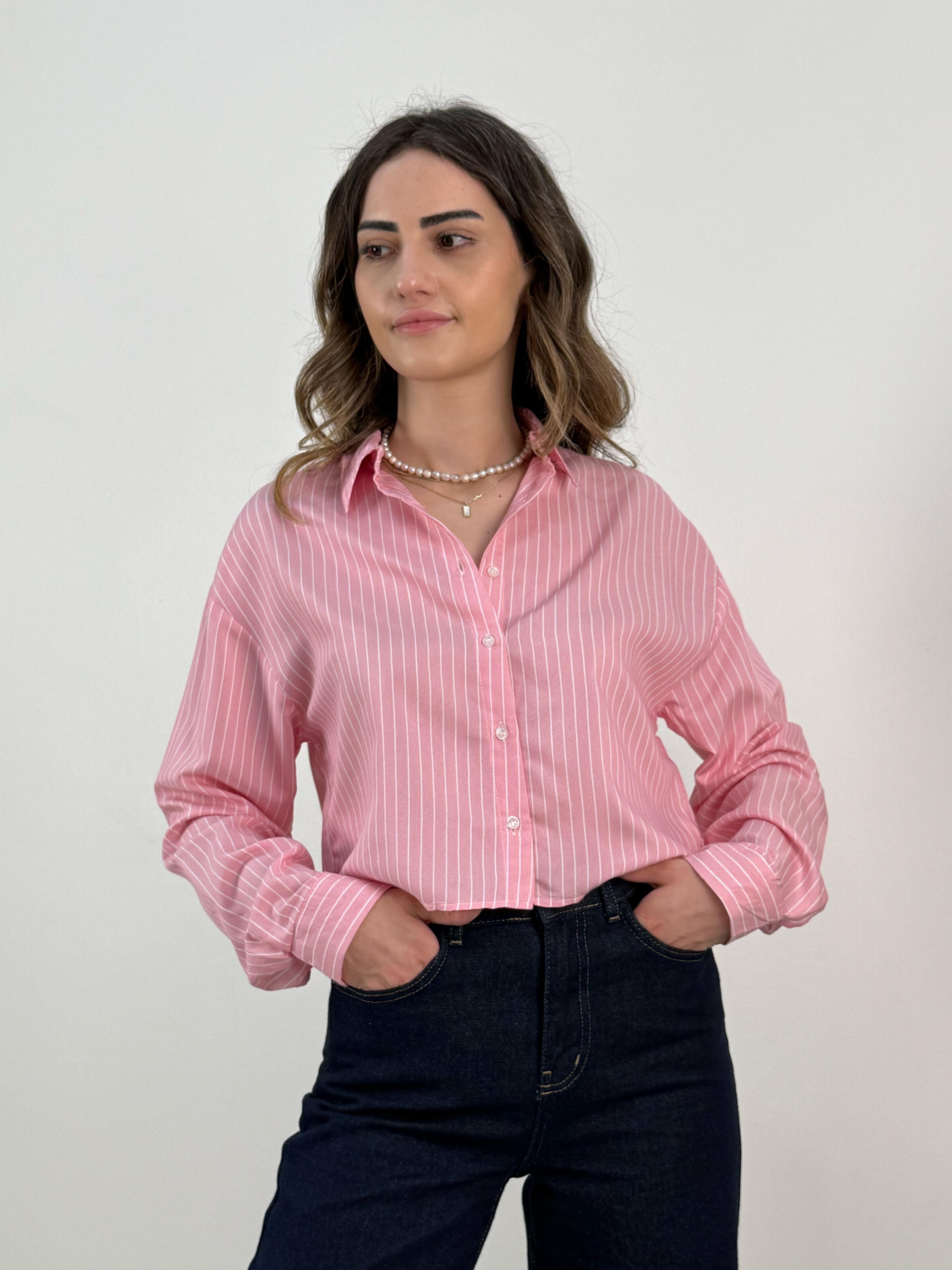 Pembe Çizgili Crop Gömlek