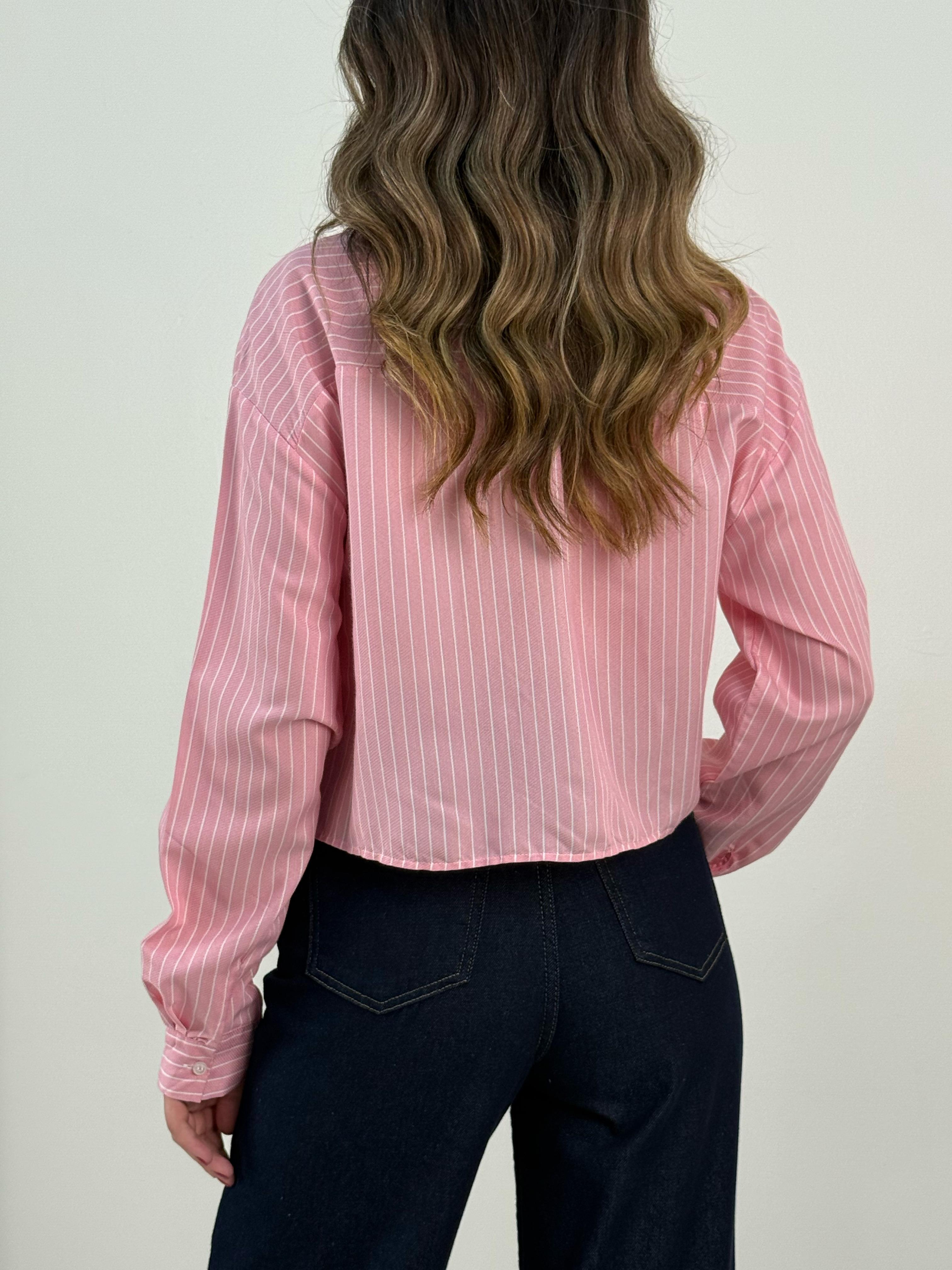 Pembe Çizgili Crop Gömlek