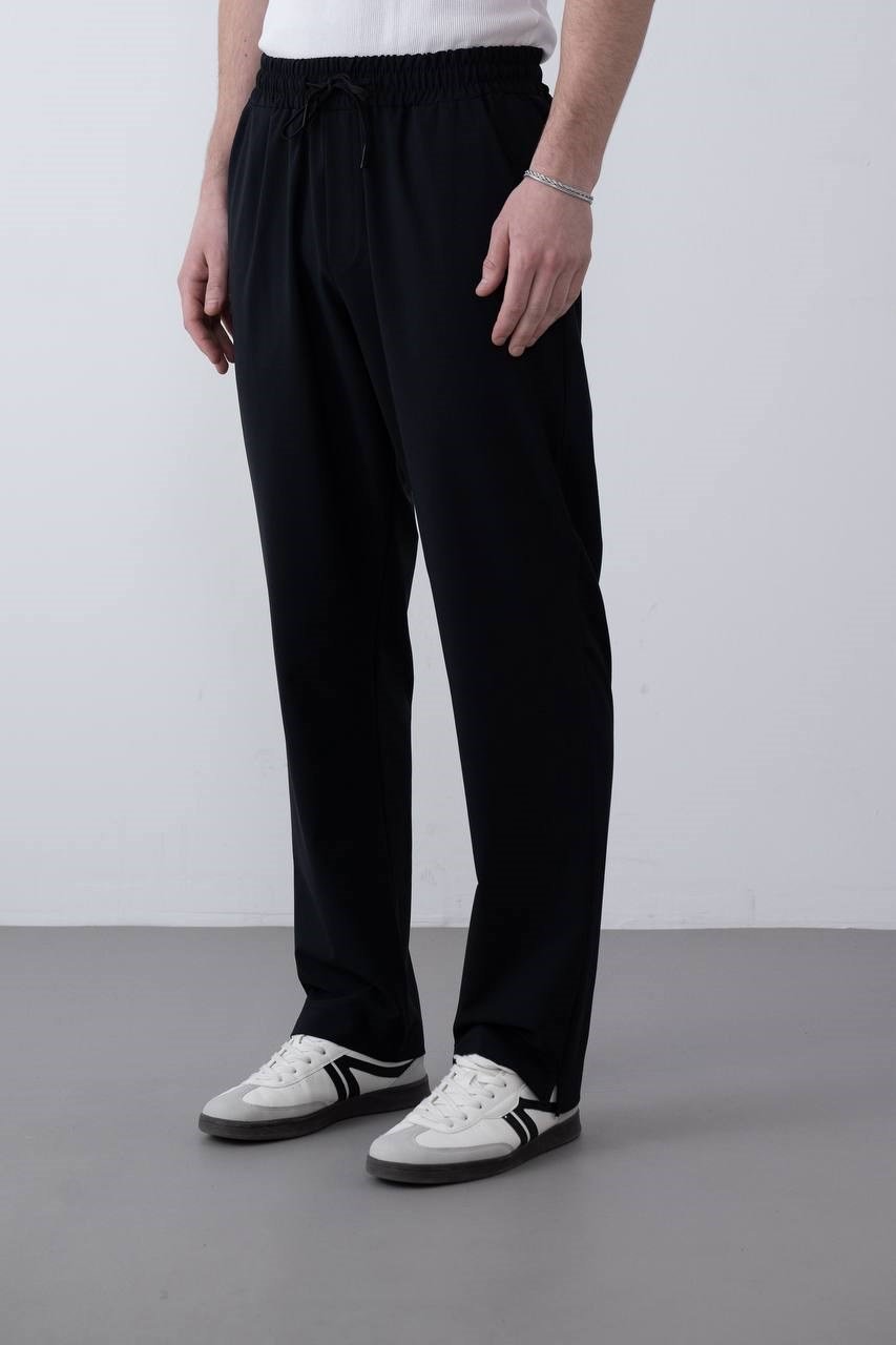 Beli Lastikli ve Bağcıklı Relaxed Fit Erkek Pantolon Siyah
