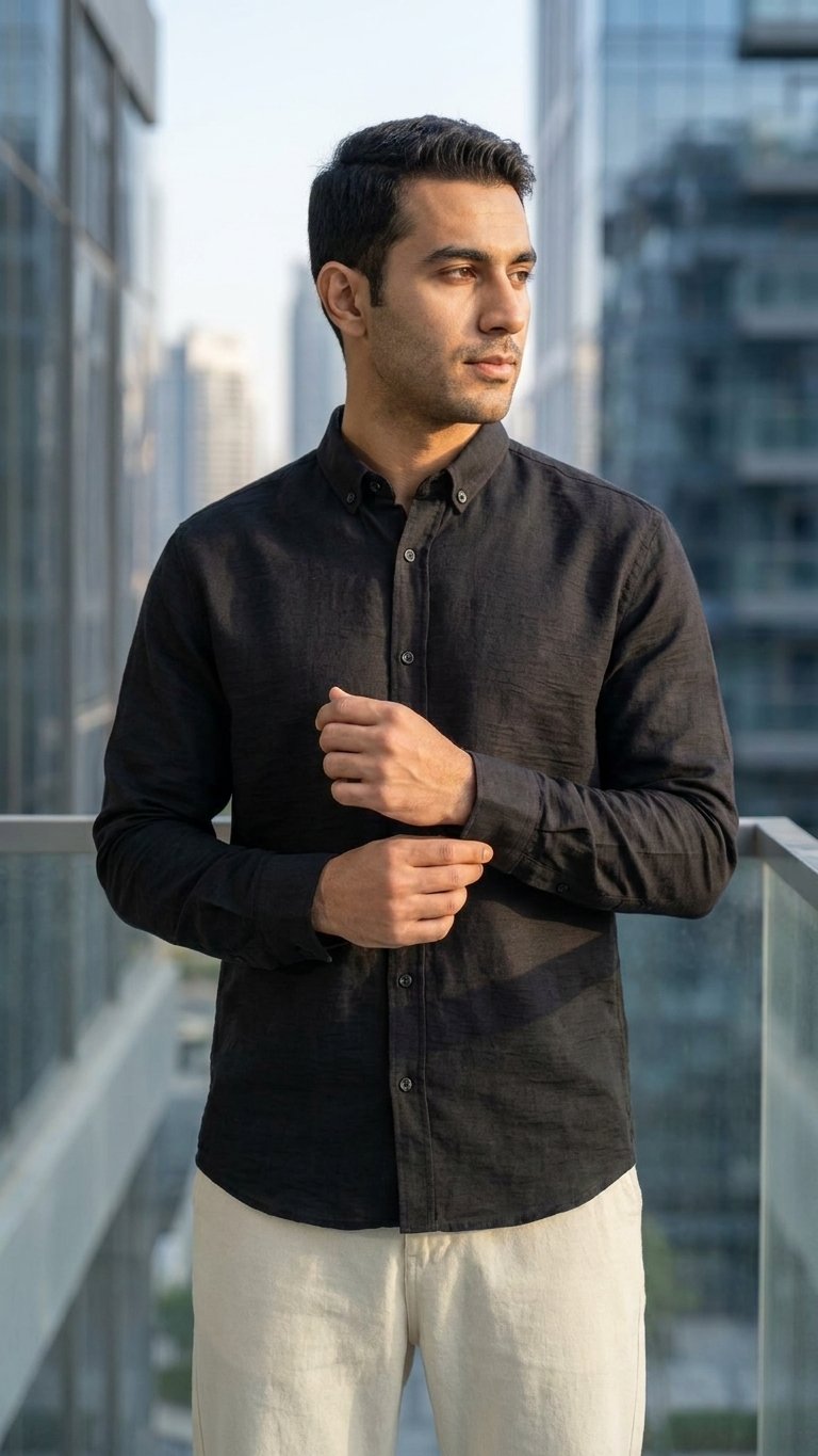 Regular Fit Uzun Kollu Pera Keten Gömlek Siyah