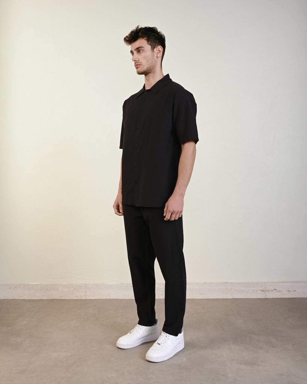 Sert Keten Oversize Gömlek Siyah