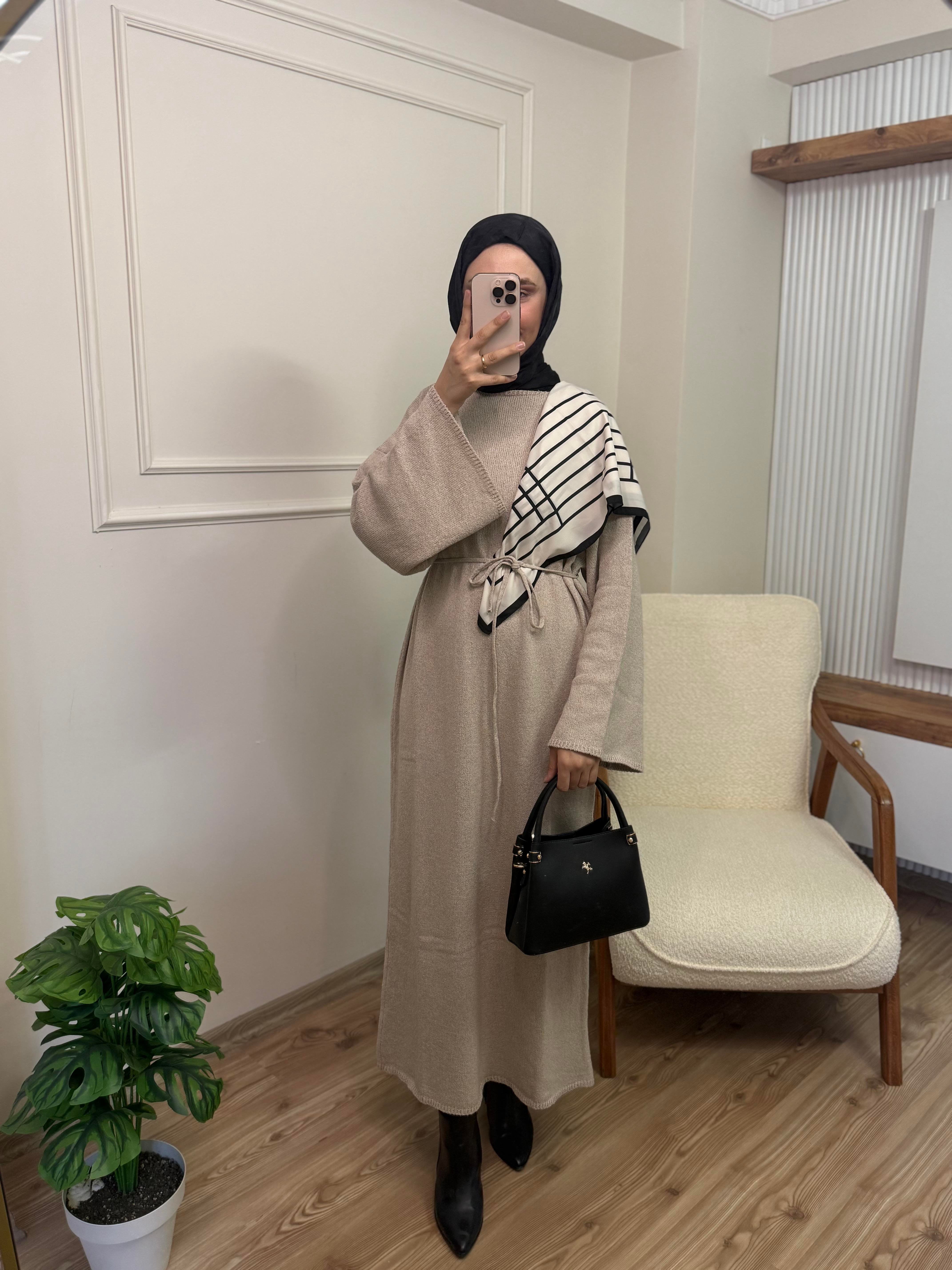 Lidya Kemerli Elbise | Bej