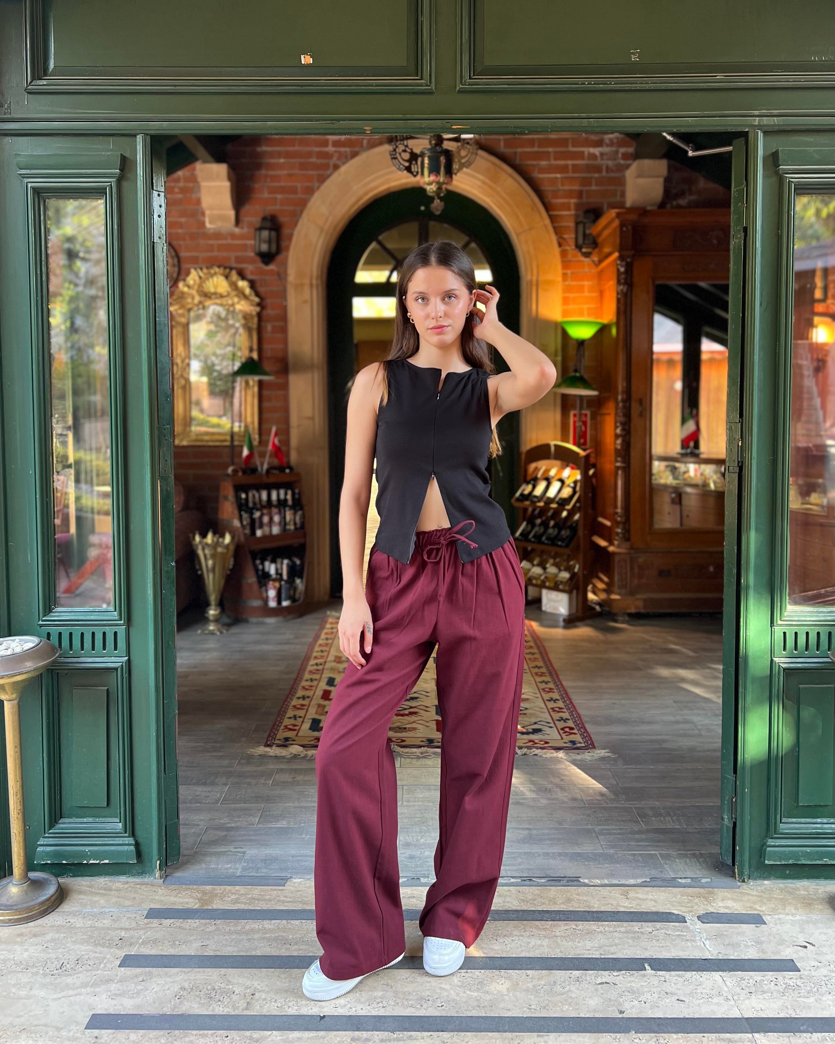 Bordo Beli Büzgülü Wide Leg Kumaş Pantolon 