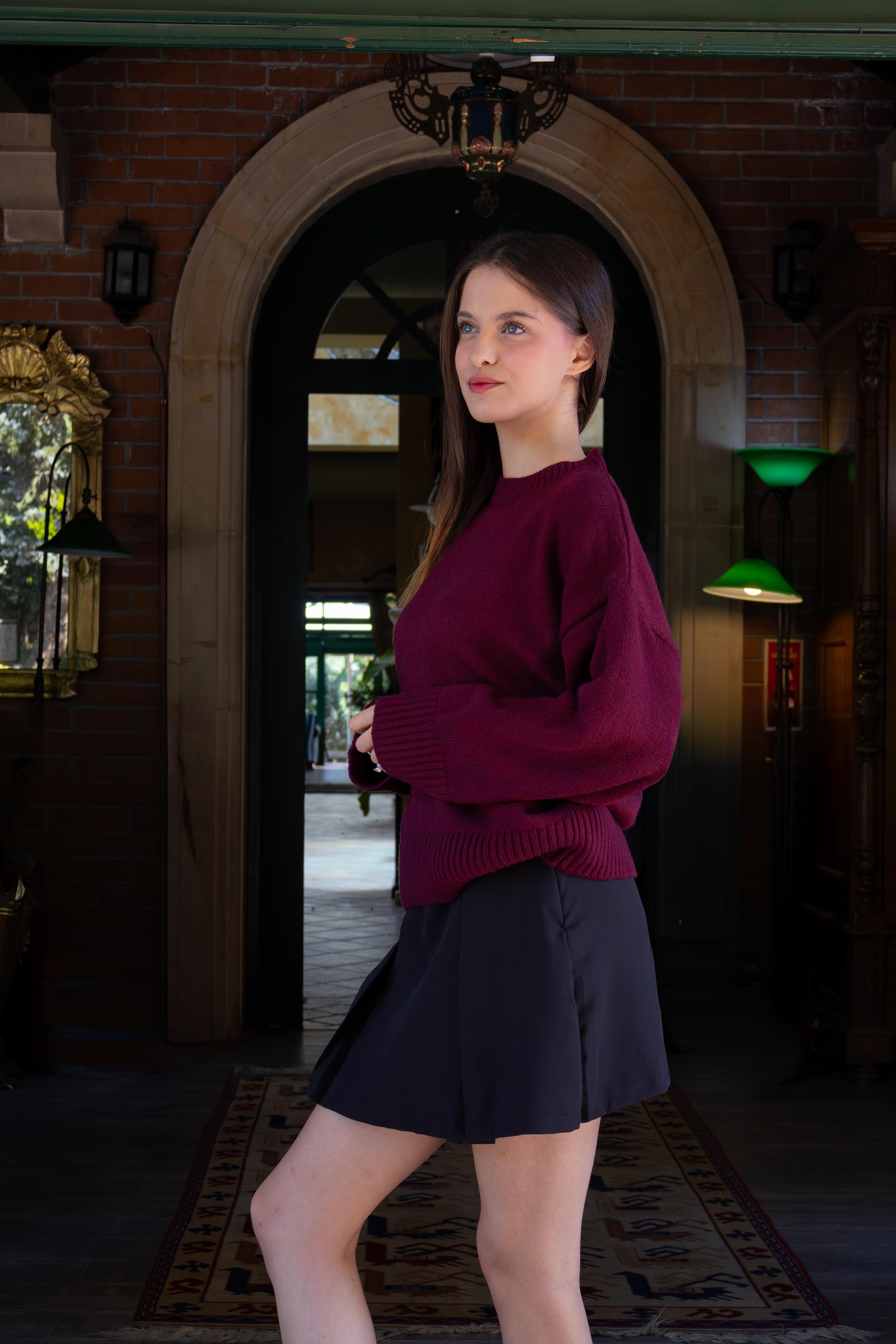 Bordo Bisiklet Yaka Oversize Triko Kazak