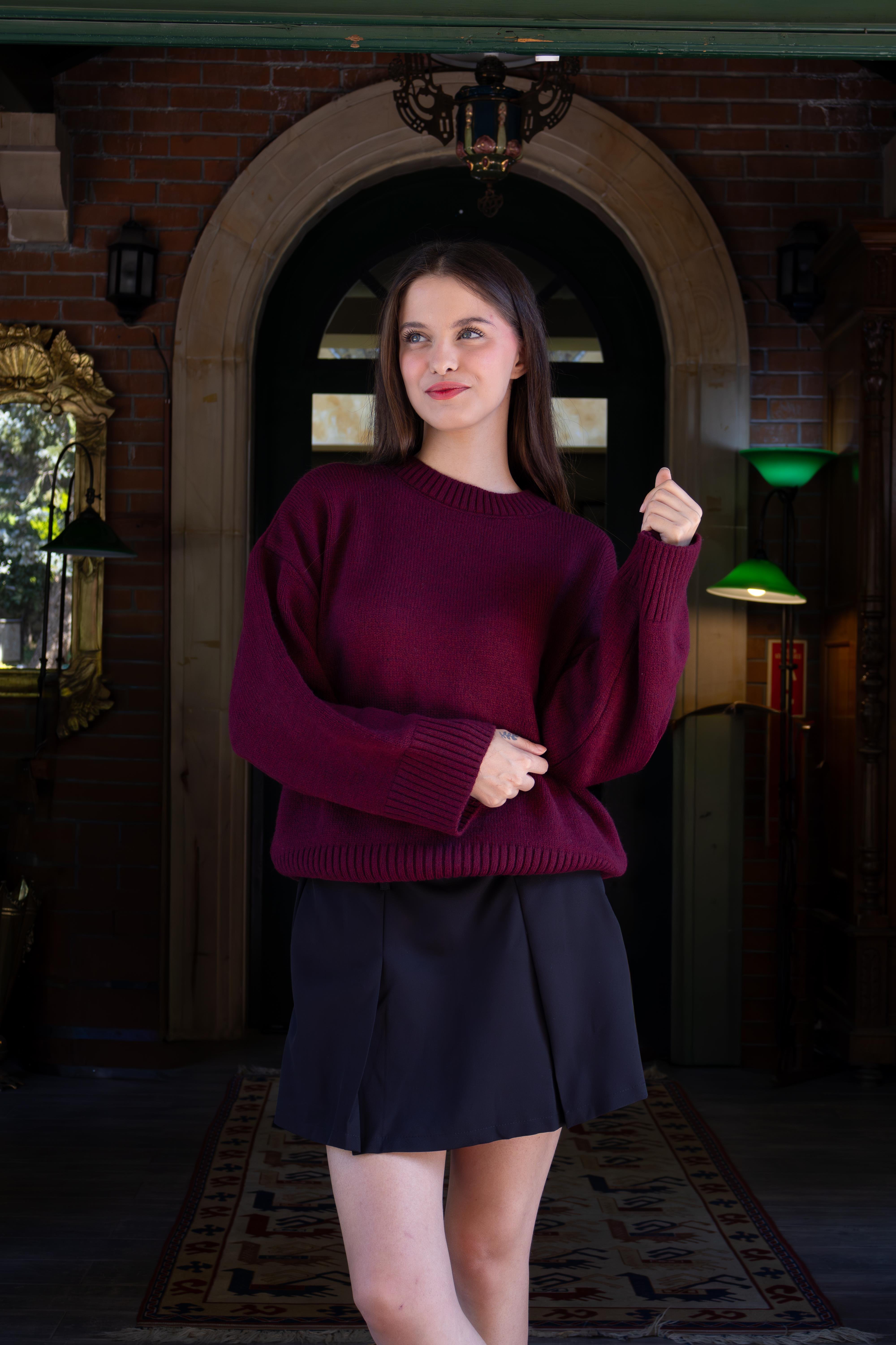 Bordo Bisiklet Yaka Oversize Triko Kazak