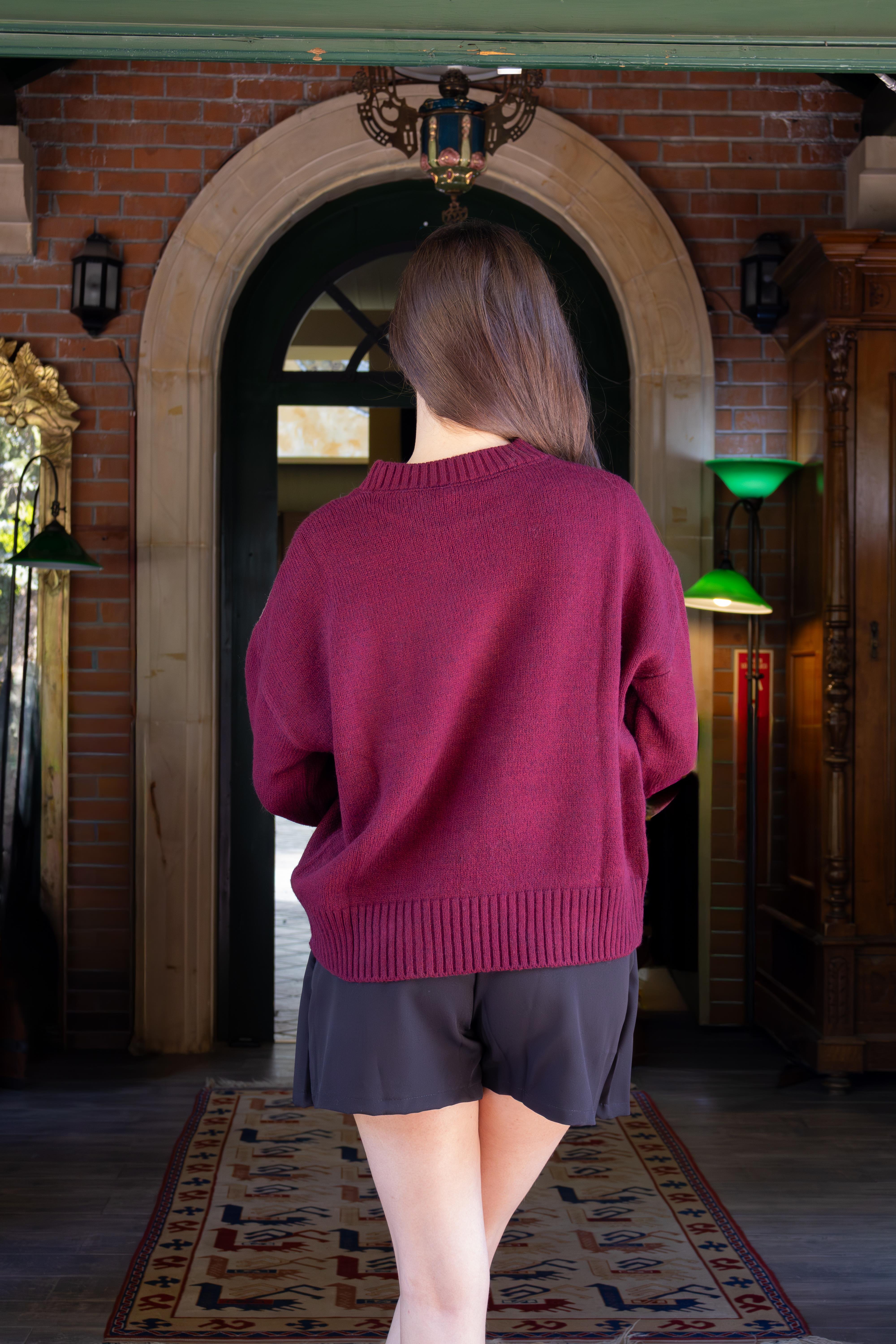 Bordo Bisiklet Yaka Oversize Triko Kazak