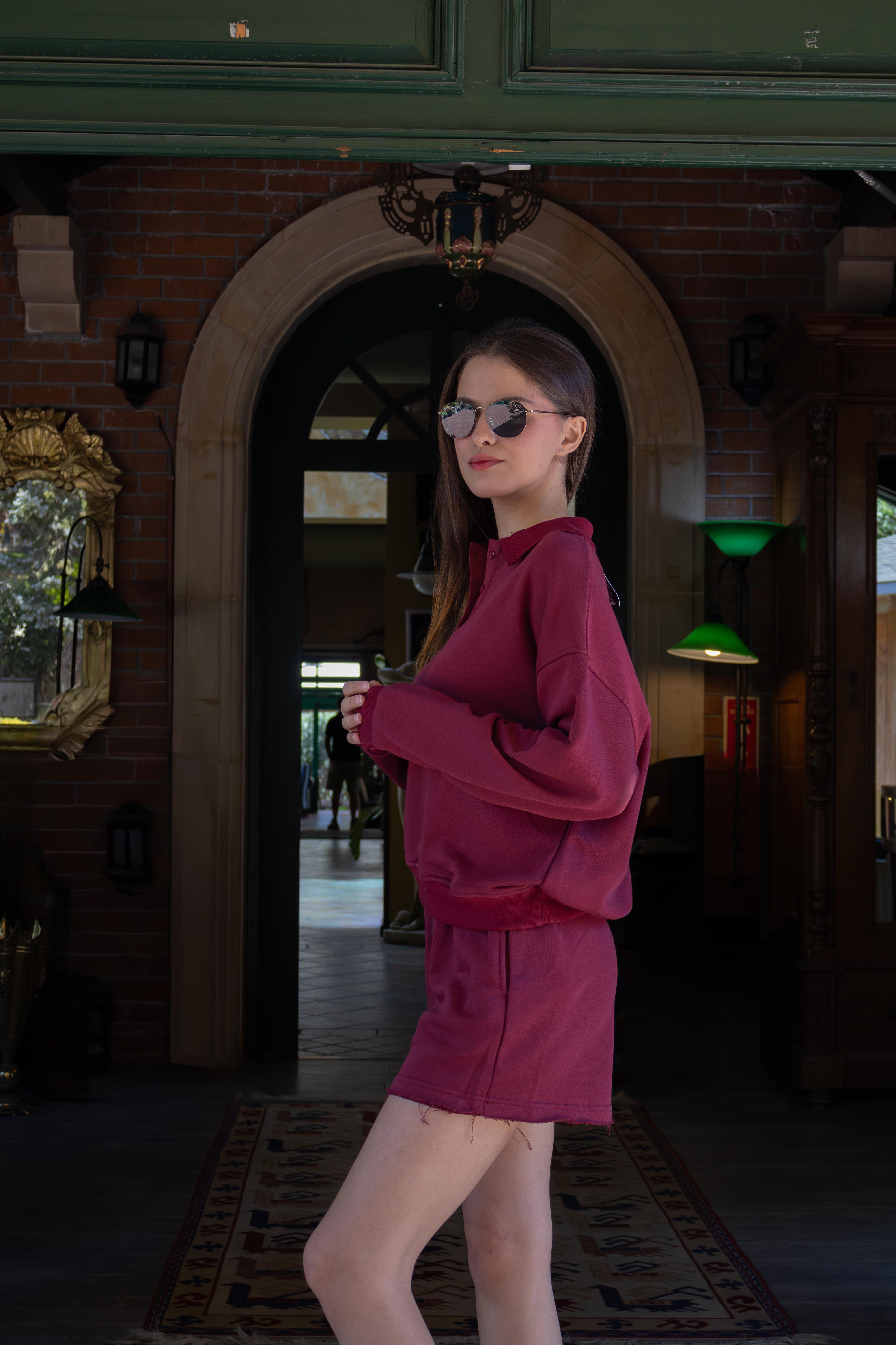 Bordo Polo Yaka Kadın Şort Sweatshirt Takım 
