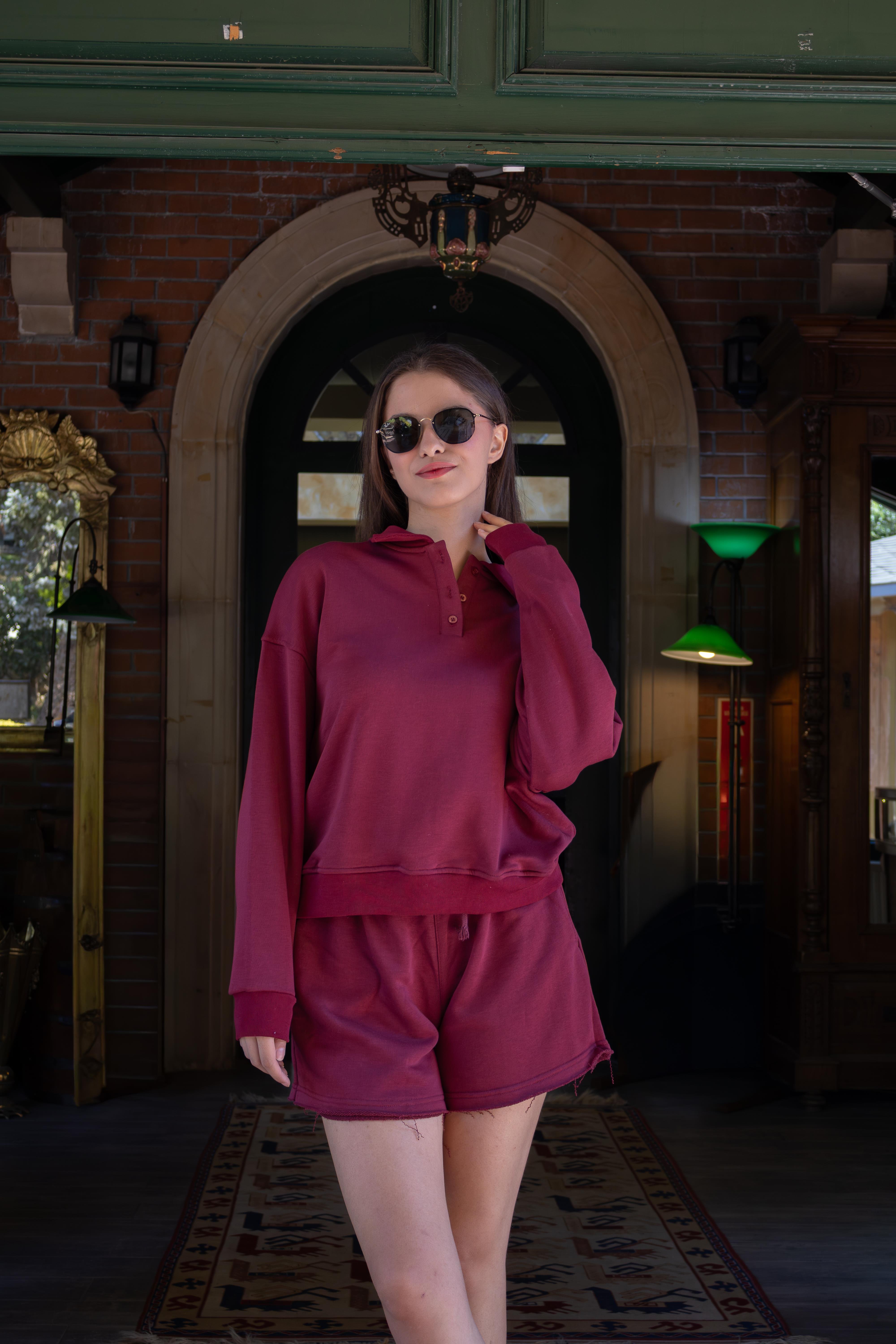 Bordo Polo Yaka Kadın Şort Sweatshirt Takım 