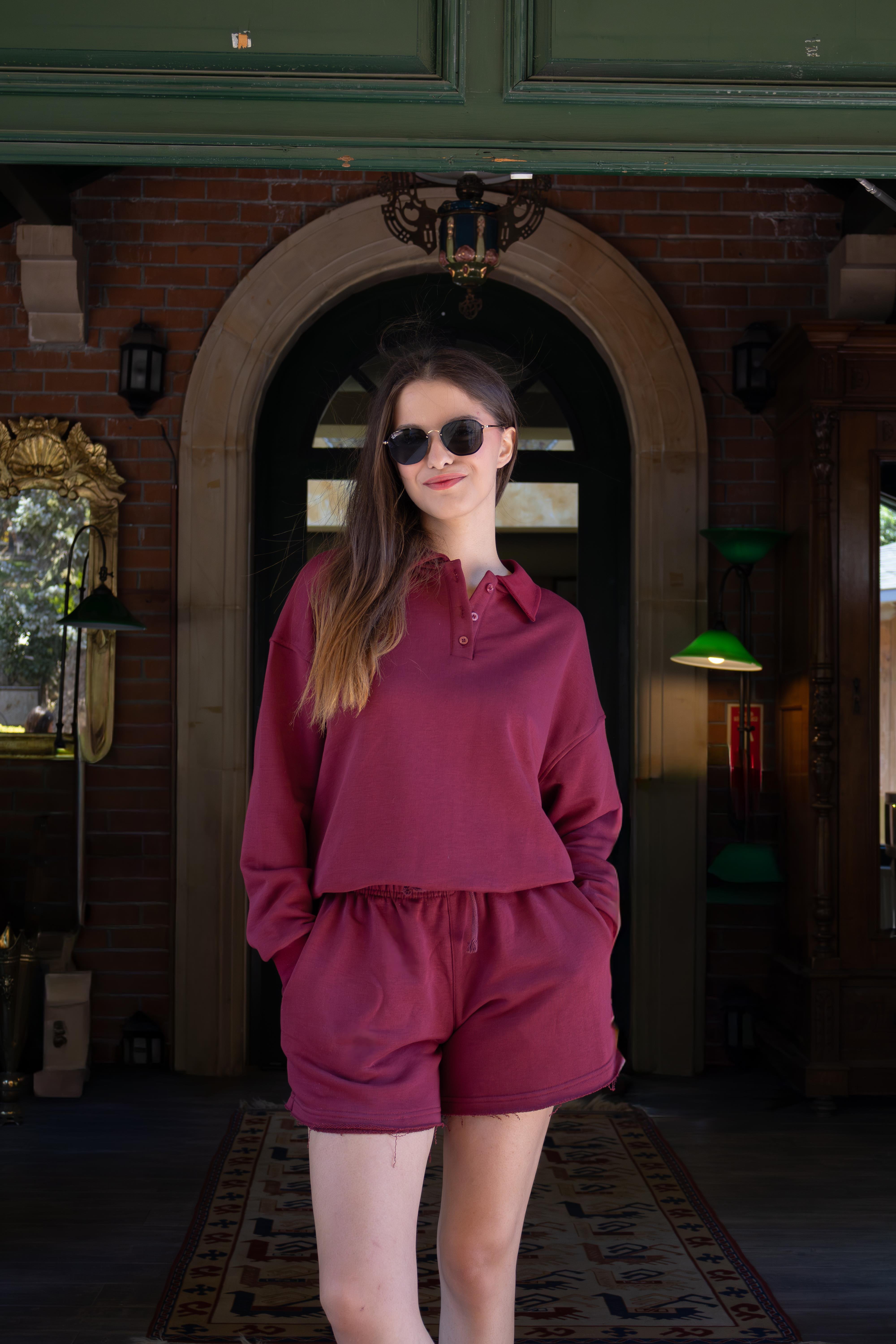 Bordo Polo Yaka Kadın Şort Sweatshirt Takım 