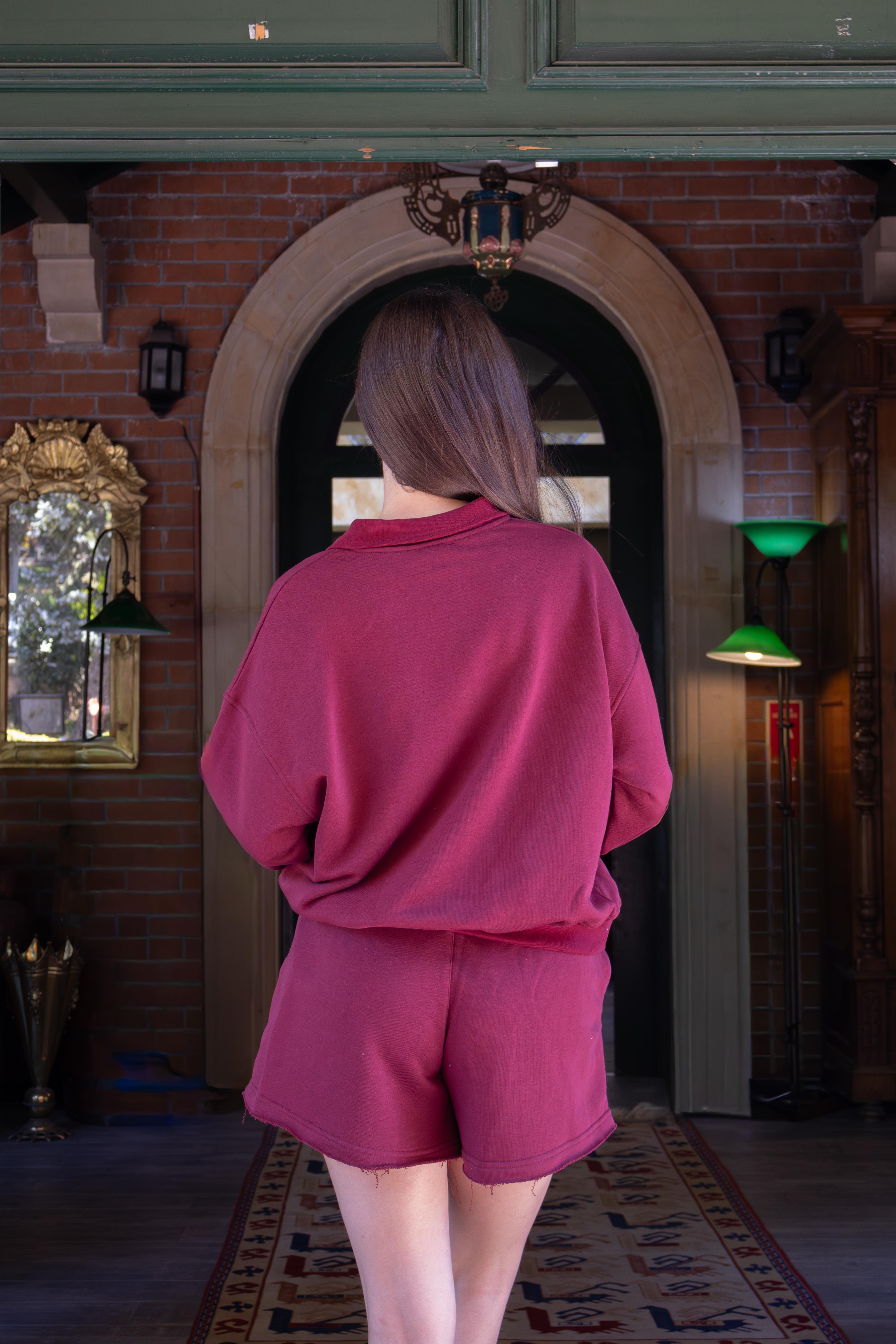 Bordo Polo Yaka Kadın Şort Sweatshirt Takım 