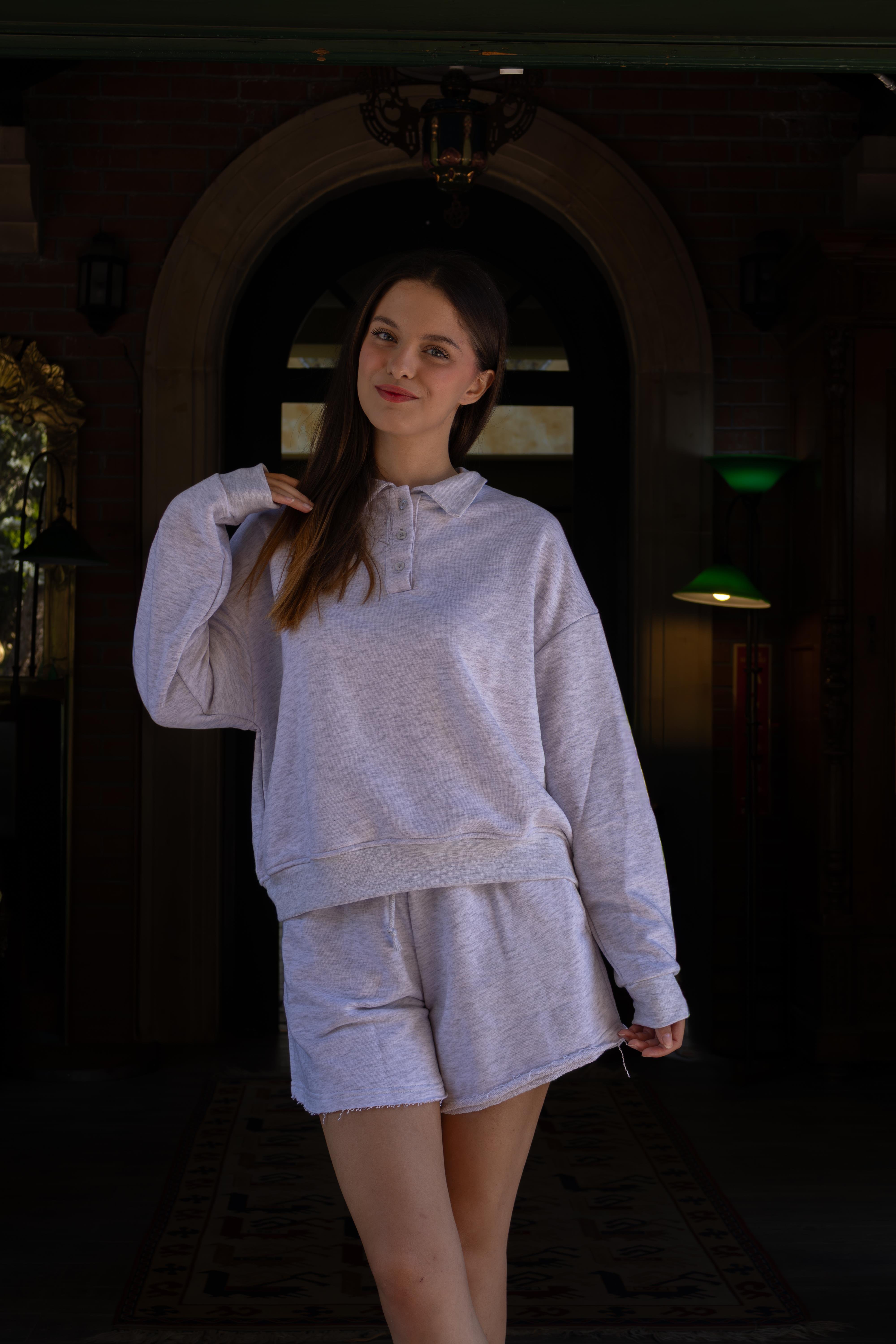 Gri Polo Yaka Kadın Şort Sweatshirt Takım 
