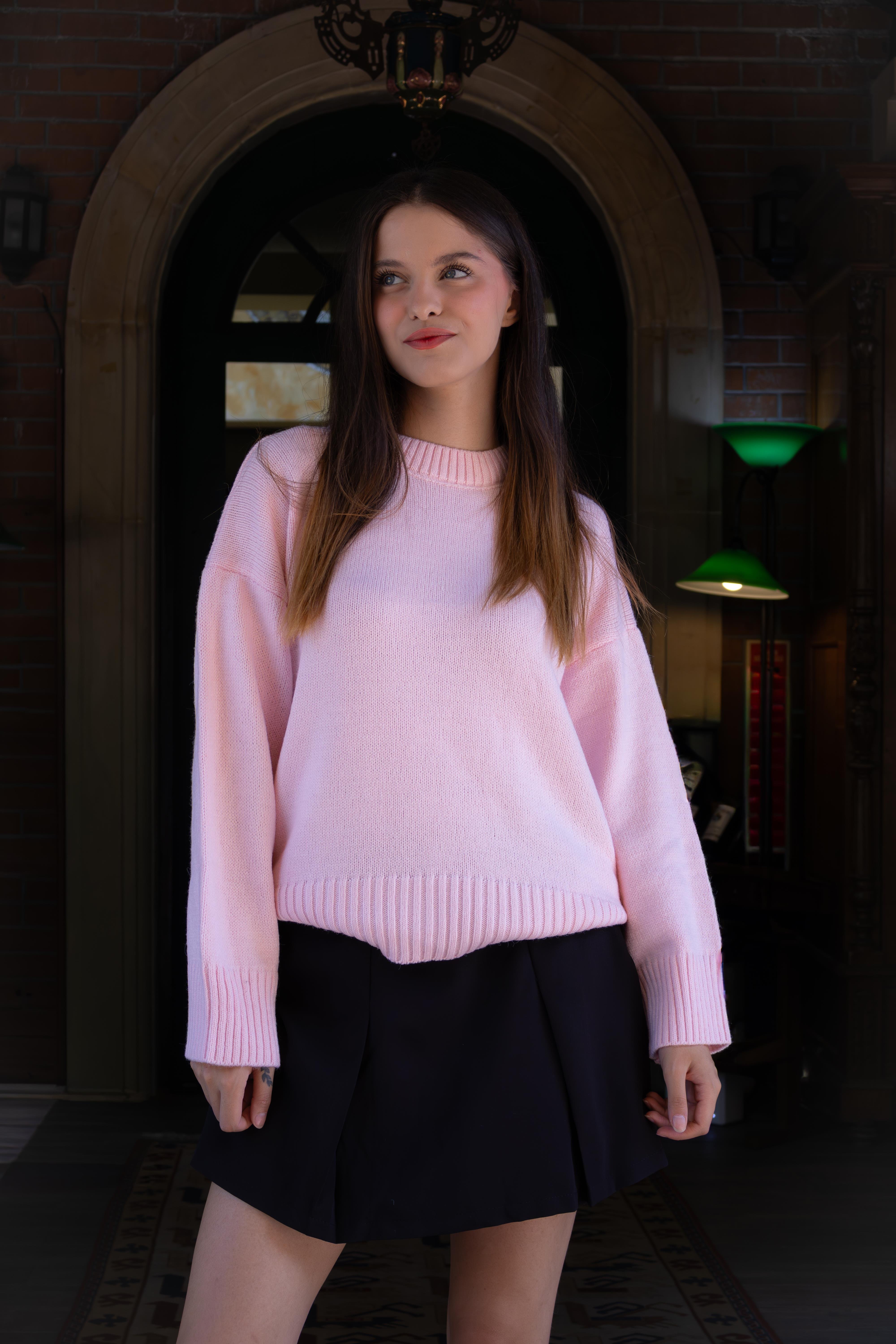 Pembe Bisiklet Yaka Oversize Triko Kazak 