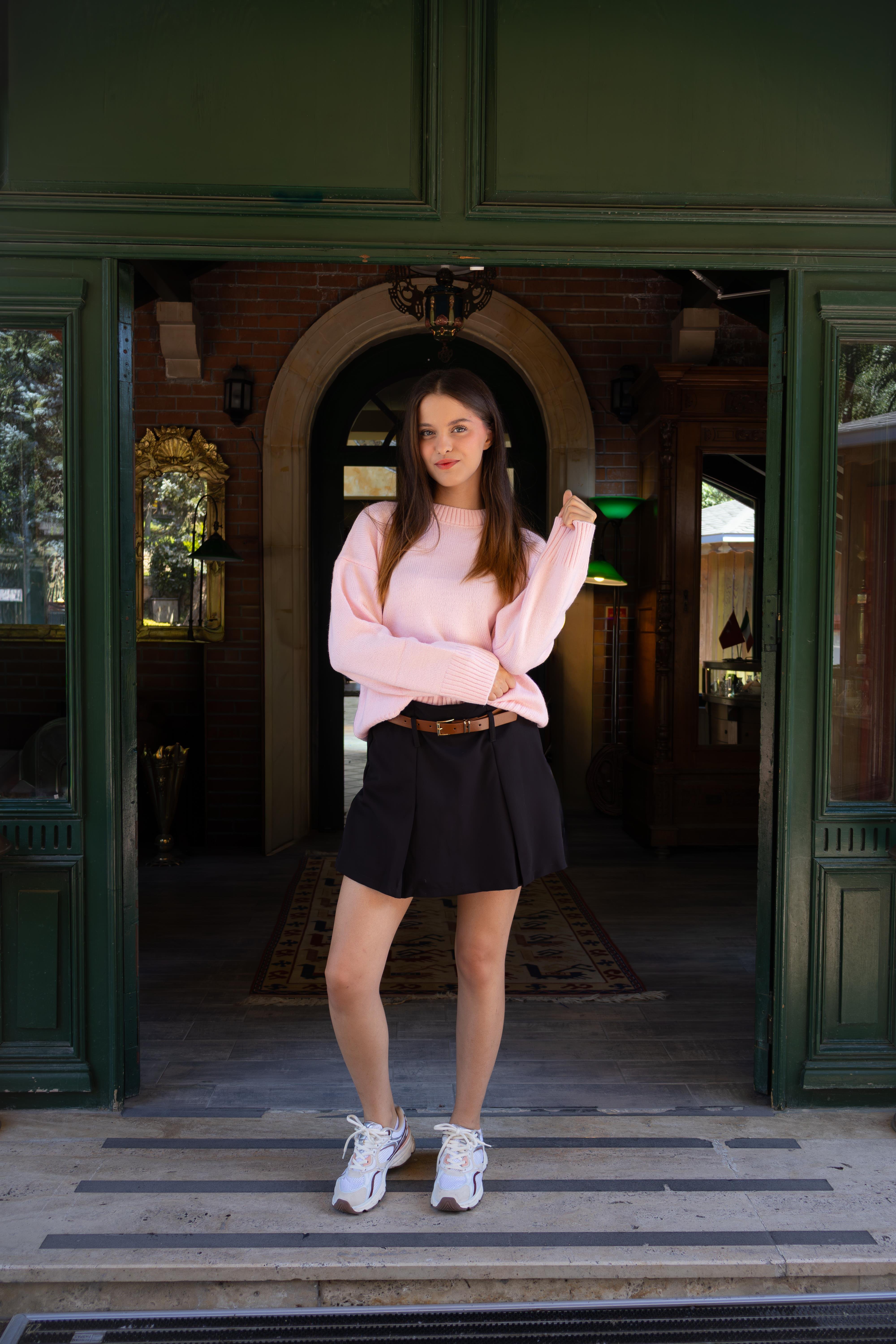Pembe Bisiklet Yaka Oversize Triko Kazak 