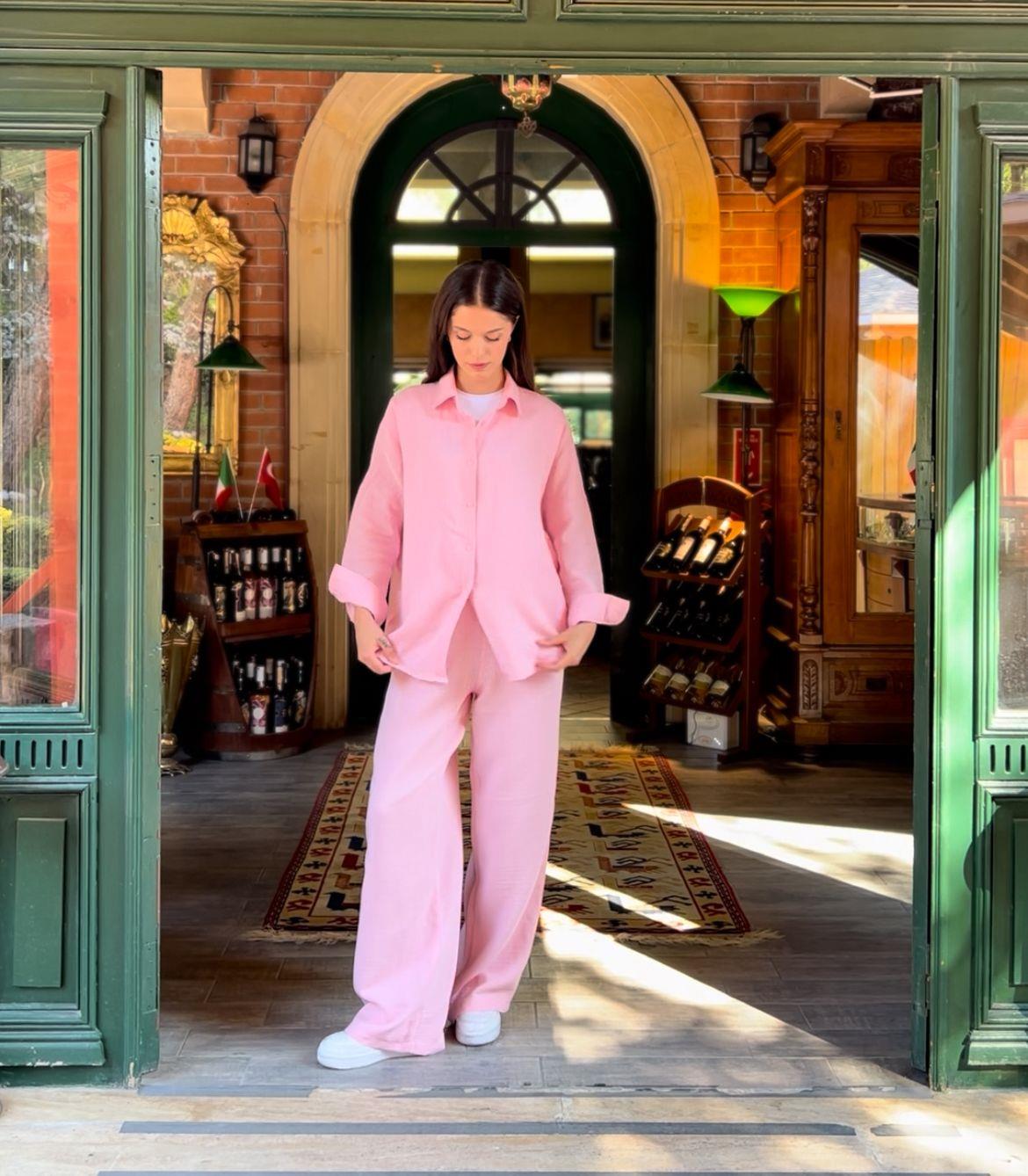 Pembe Muslin Kumaş Basic Alt Üst Takım