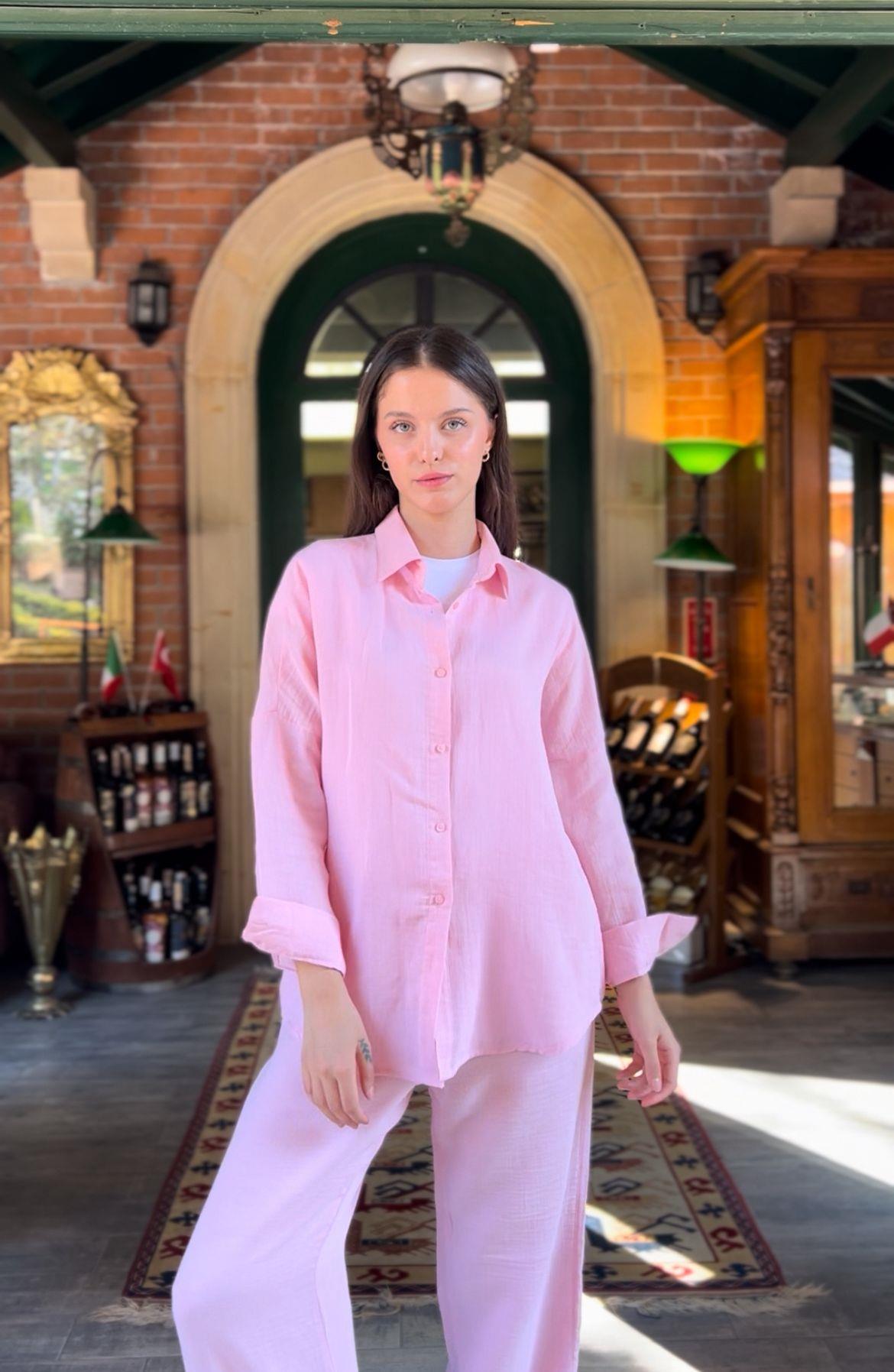 Pembe Muslin Kumaş Basic Alt Üst Takım