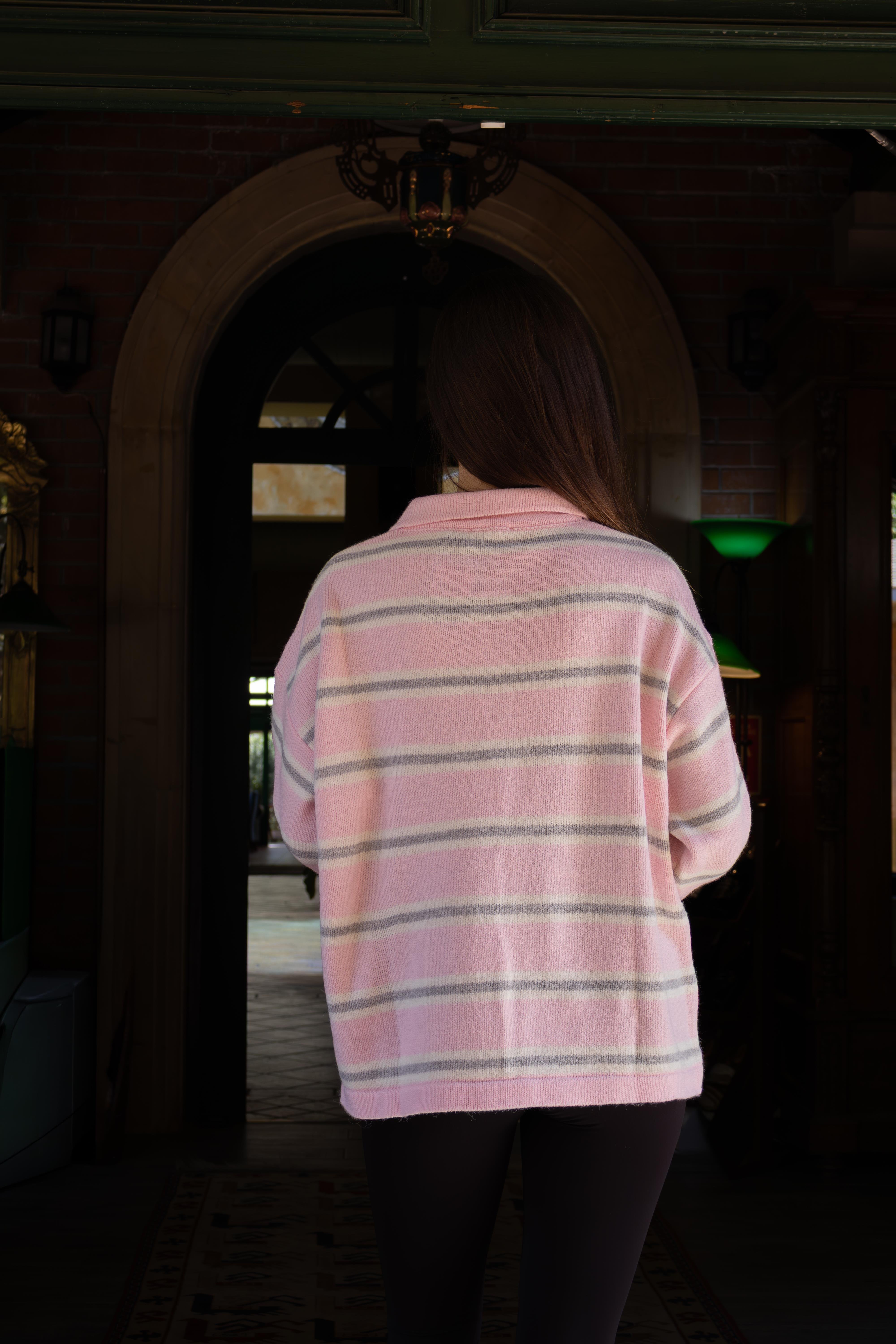 Pembe Polo Yaka Çizgili Kadın Triko Kazak 