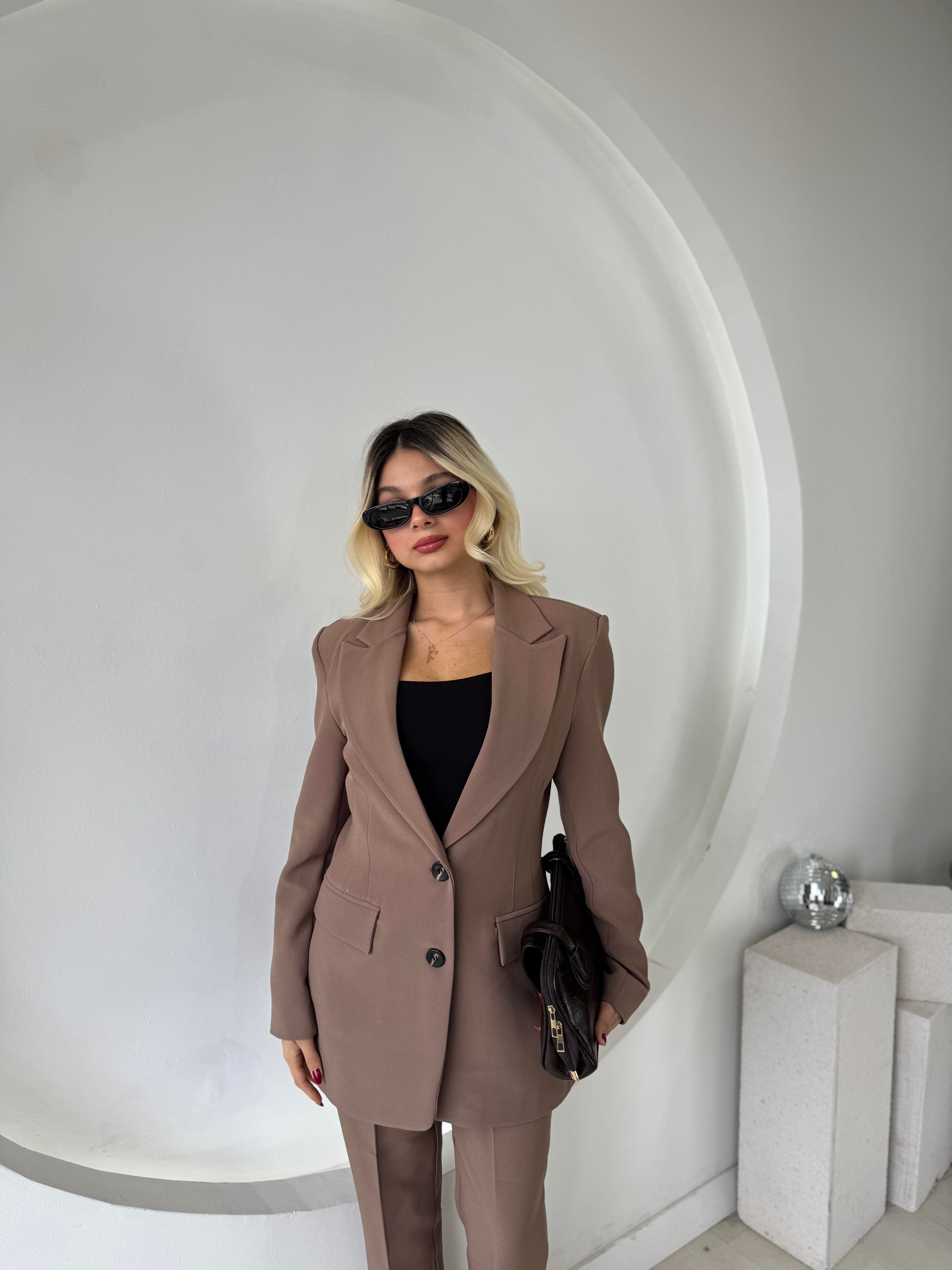 Açık Kahve Çift Düğme Blazer Ceket