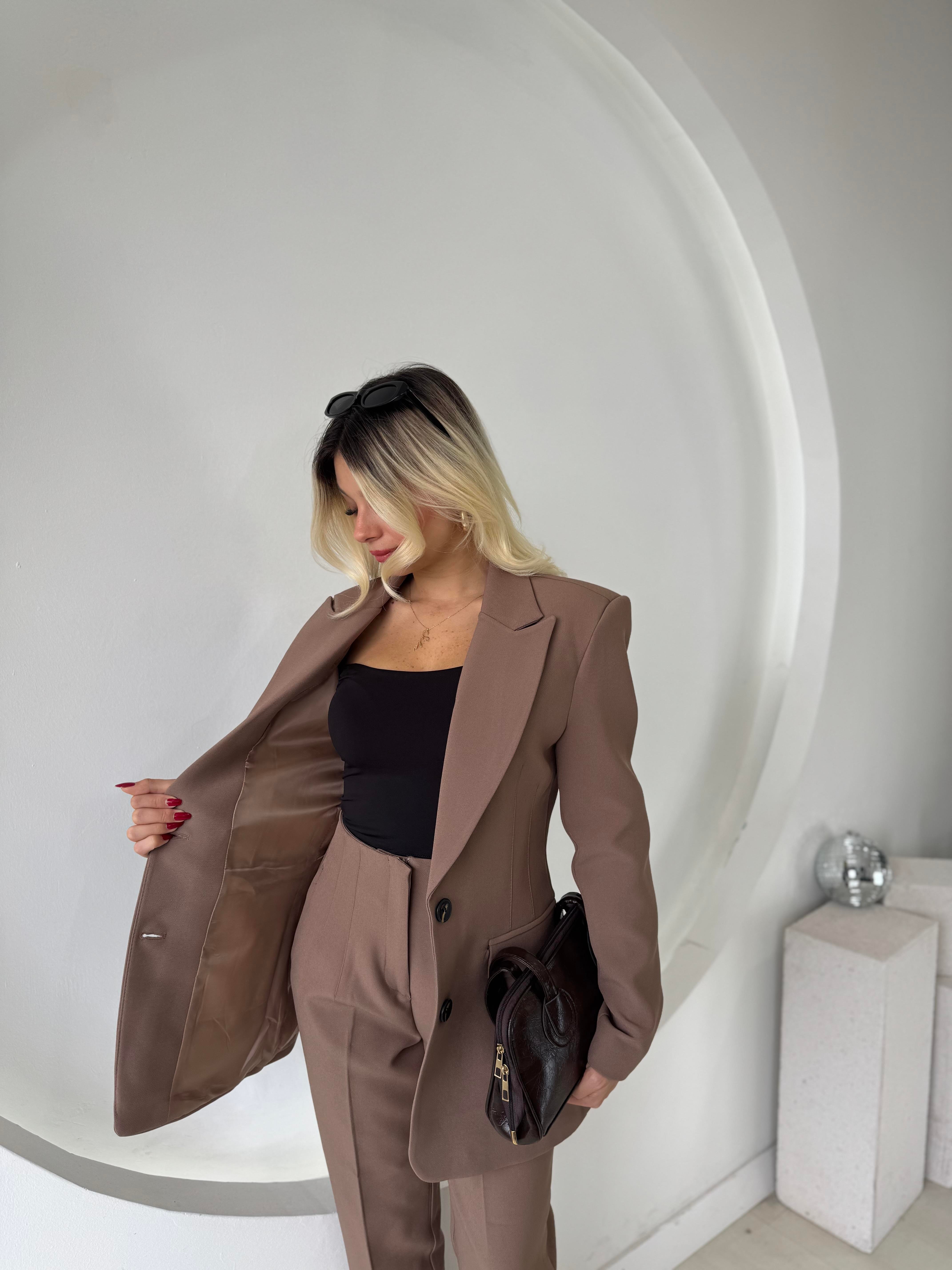 Açık Kahve Çift Düğme Blazer Ceket