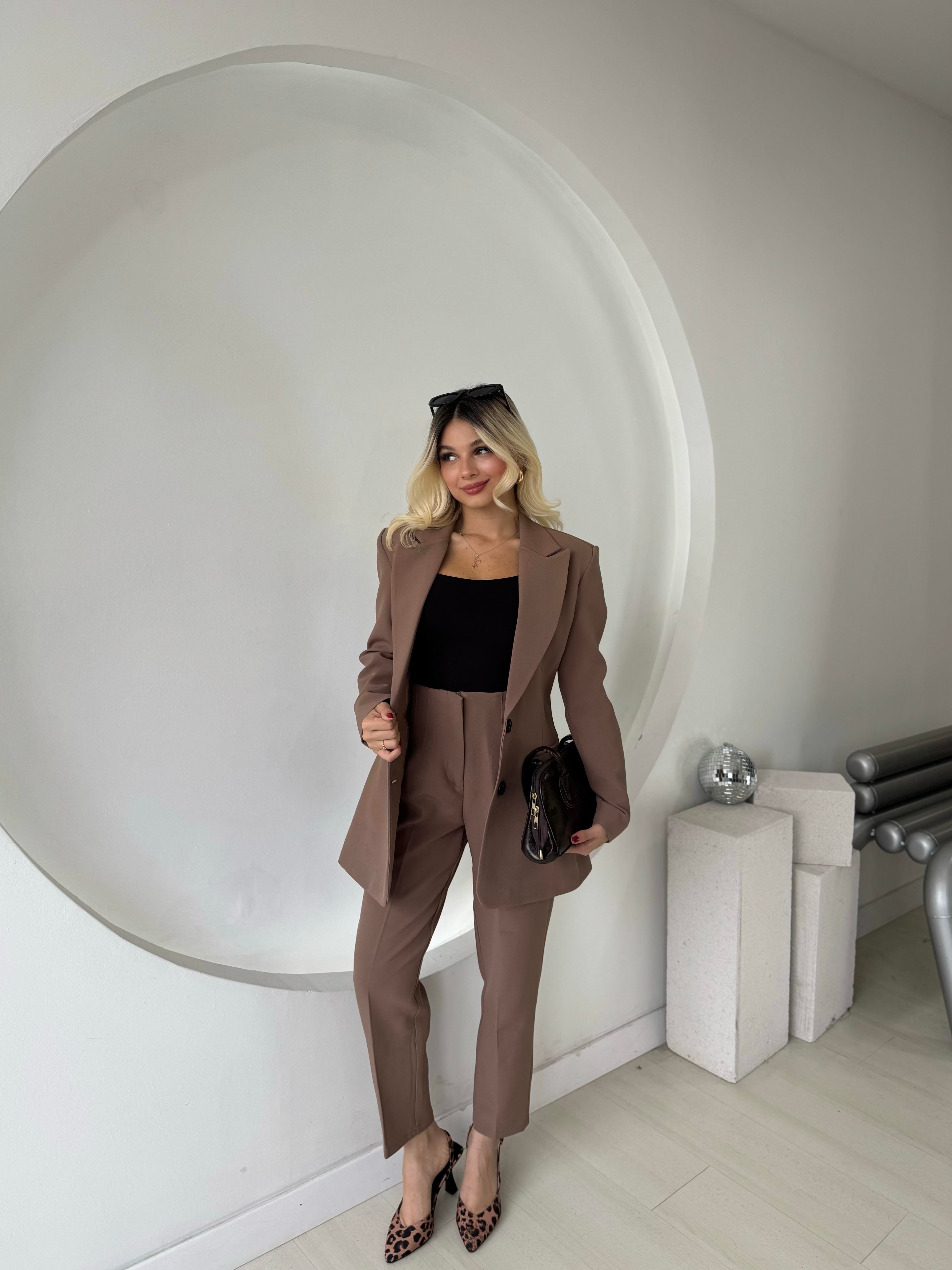 Açık Kahve Çift Düğme Blazer Ceket
