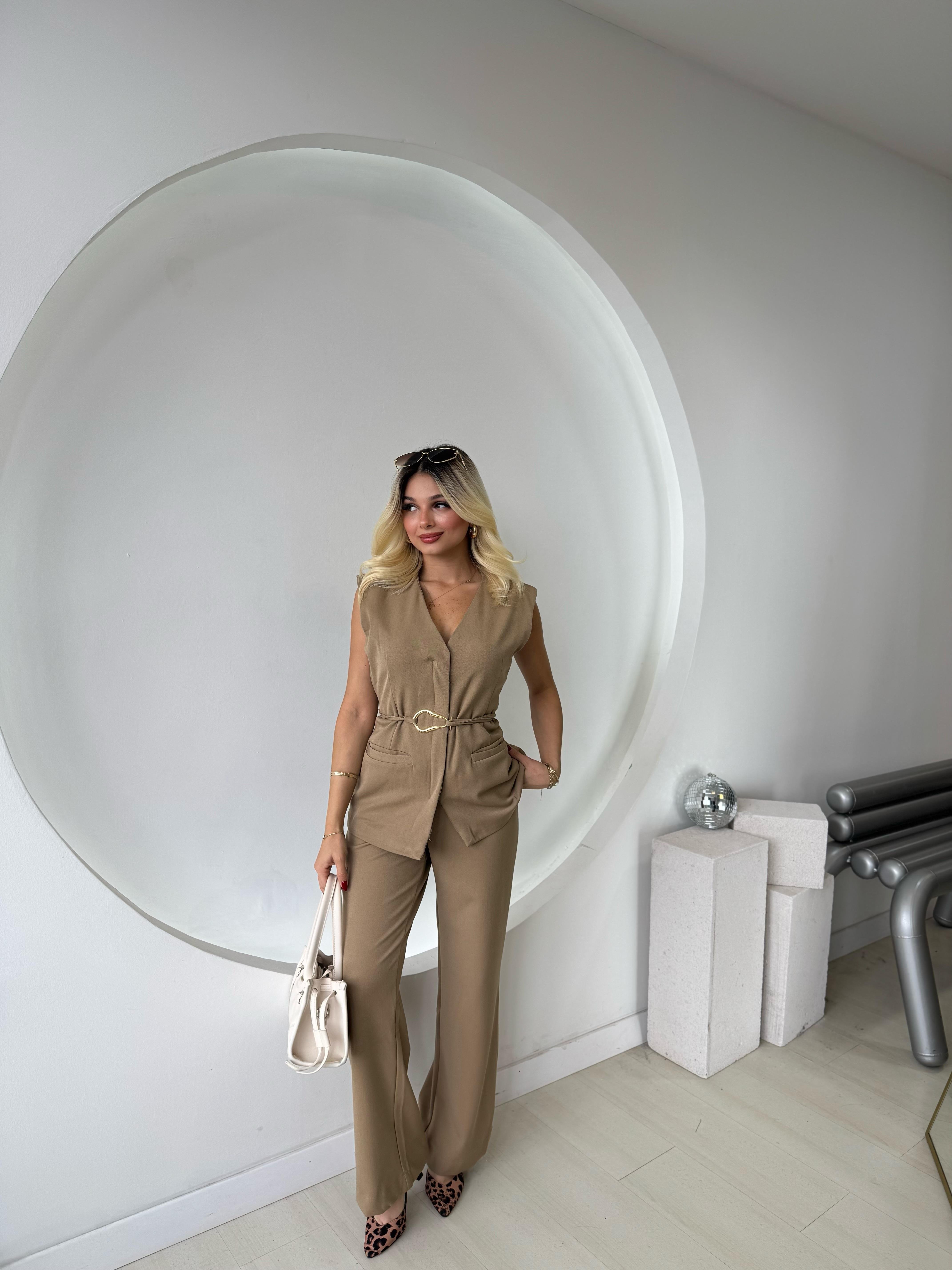 Camel Gizli Fermuarlı Yelek Pantolon Takım