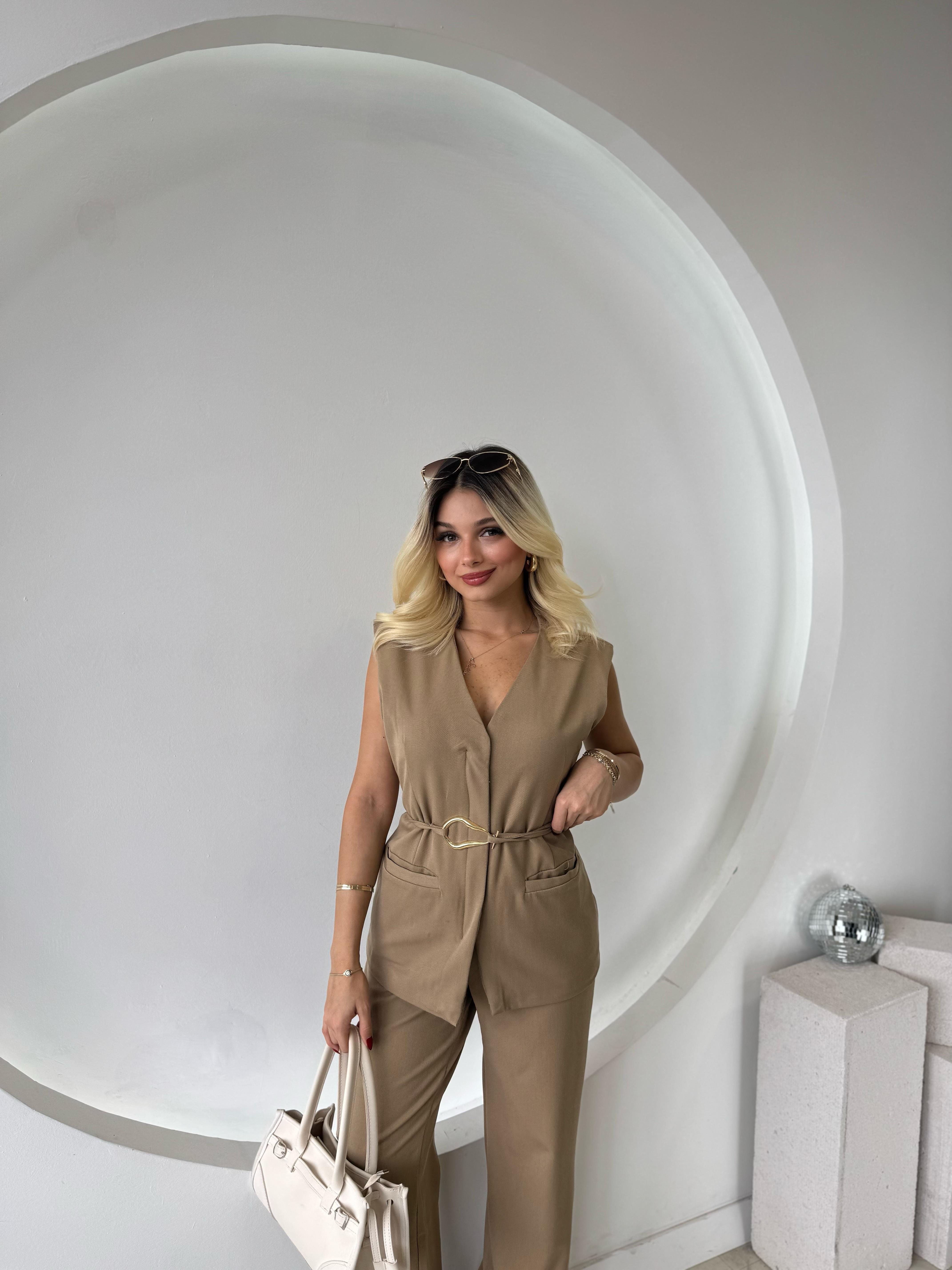 Camel Gizli Fermuarlı Yelek Pantolon Takım