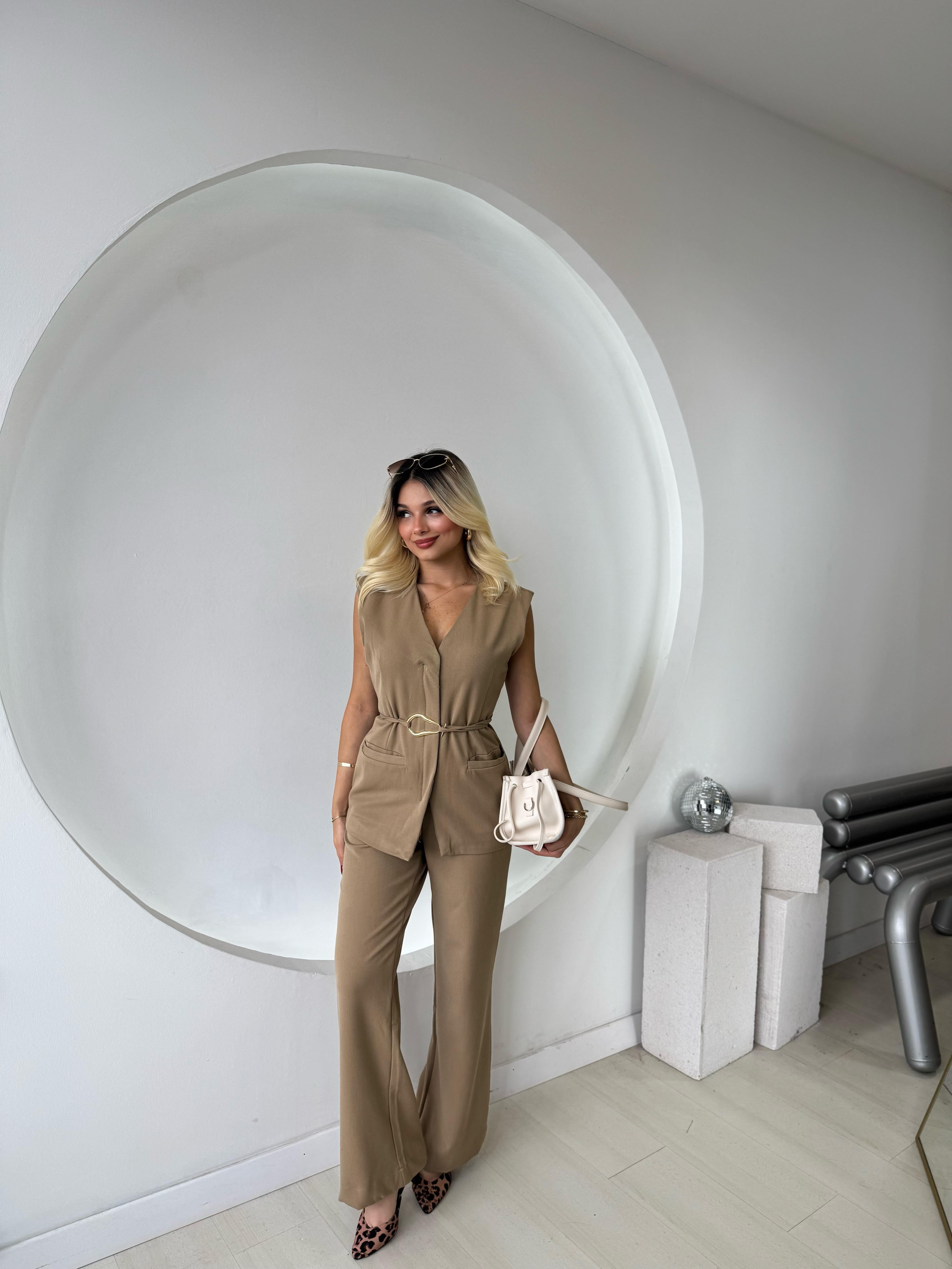Camel Gizli Fermuarlı Yelek Pantolon Takım