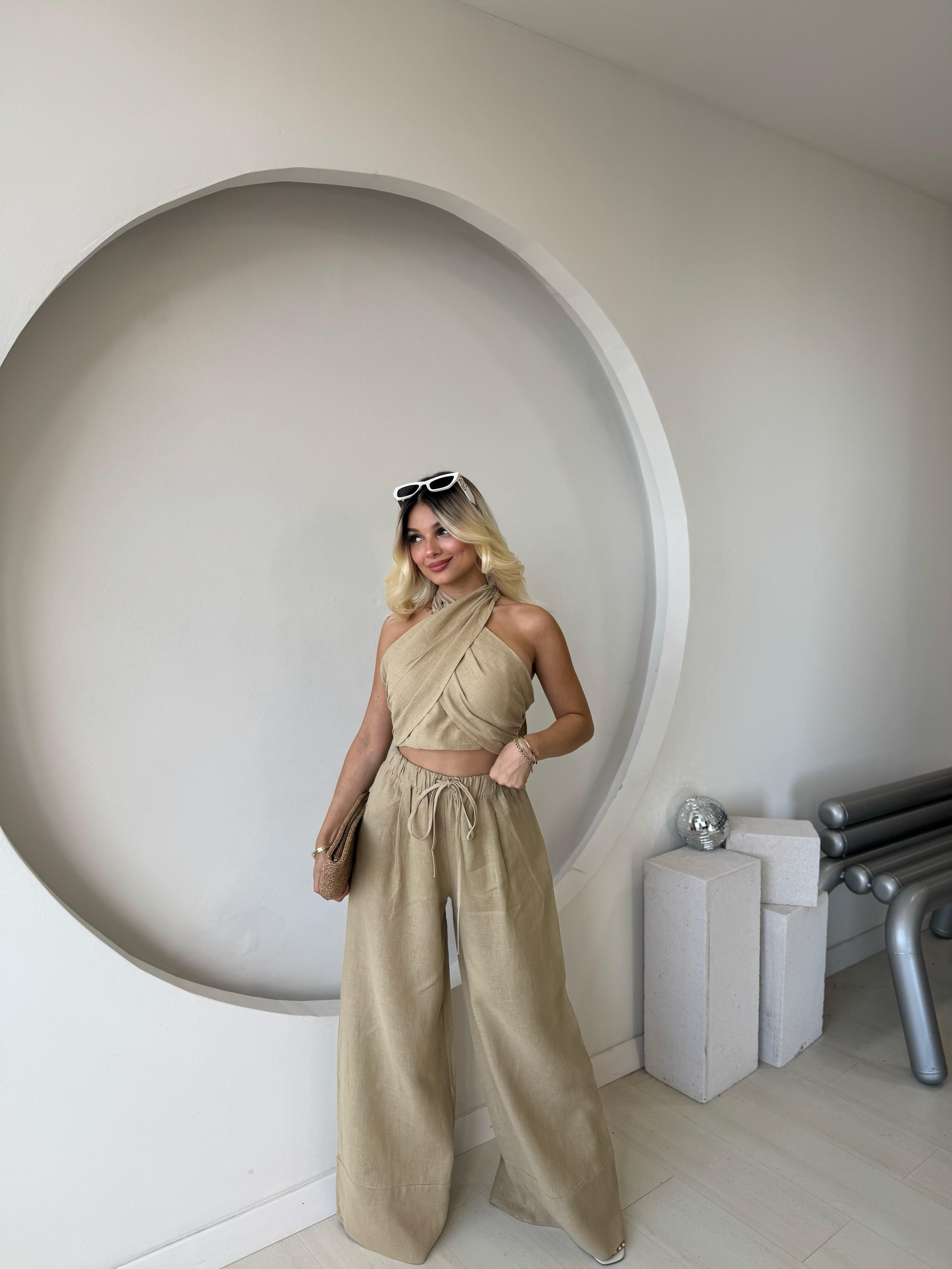 Haki Keten Crop Pantolon Takım