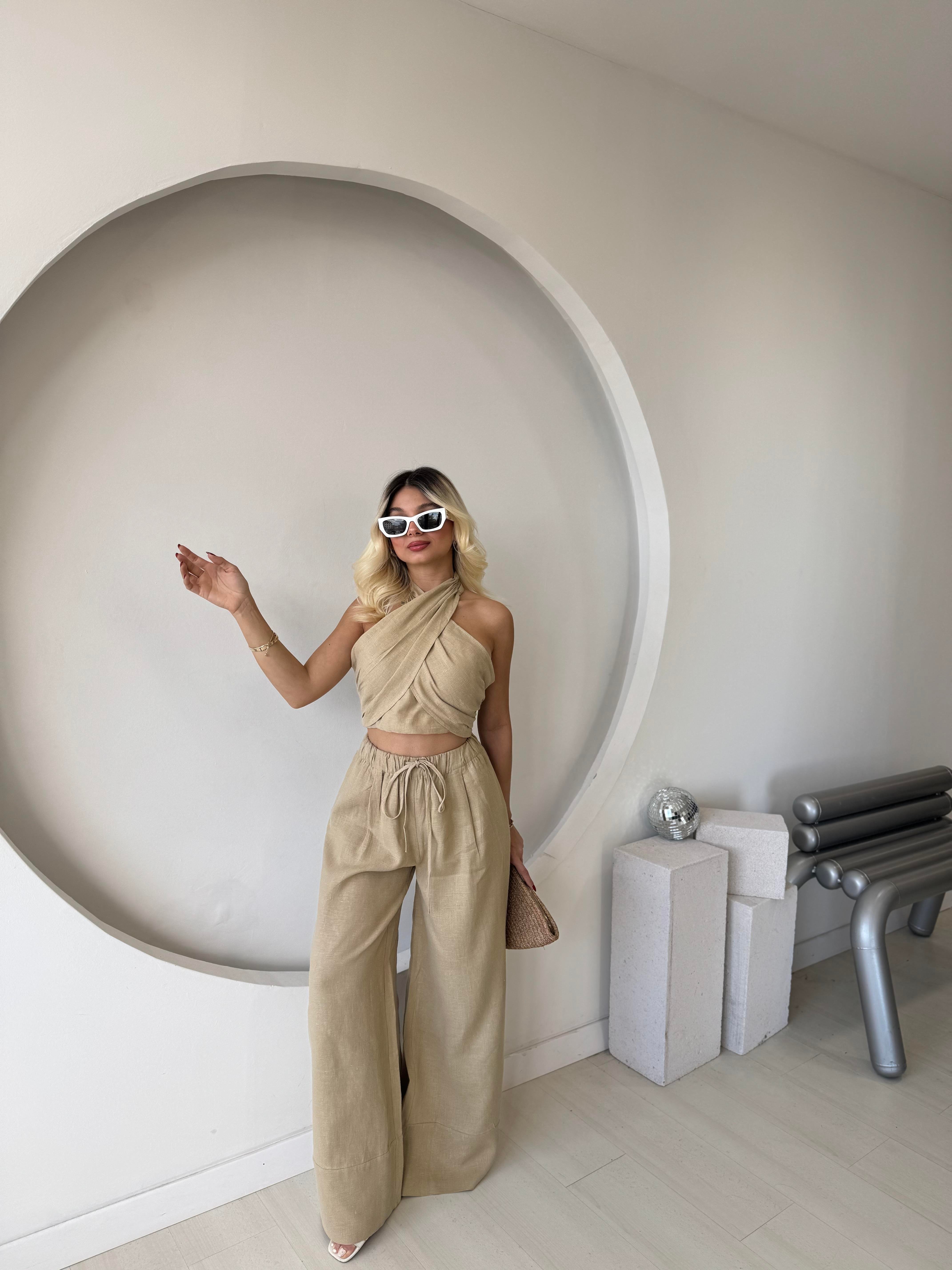 Haki Keten Crop Pantolon Takım