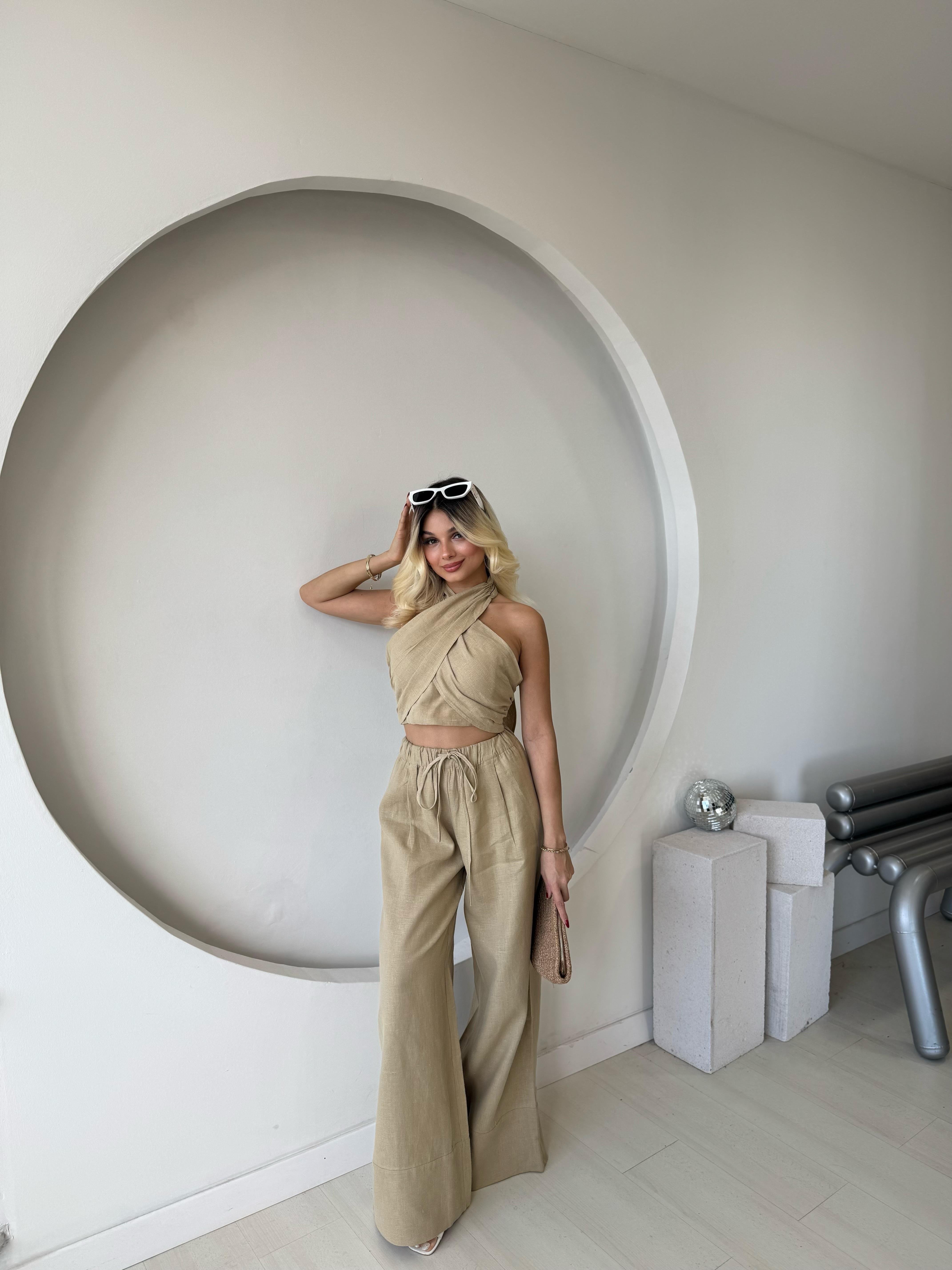 Haki Keten Crop Pantolon Takım