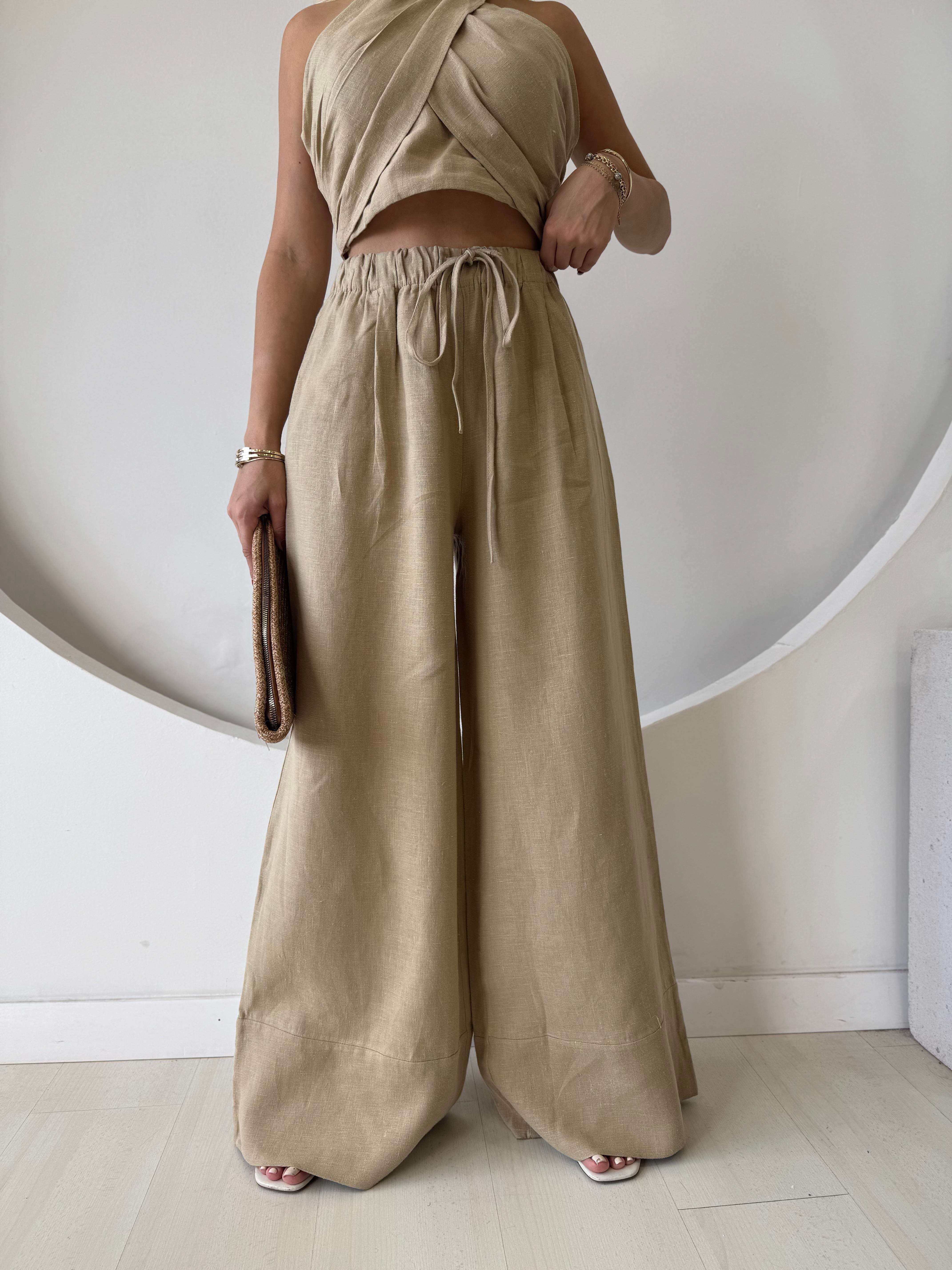Haki Keten Crop Pantolon Takım
