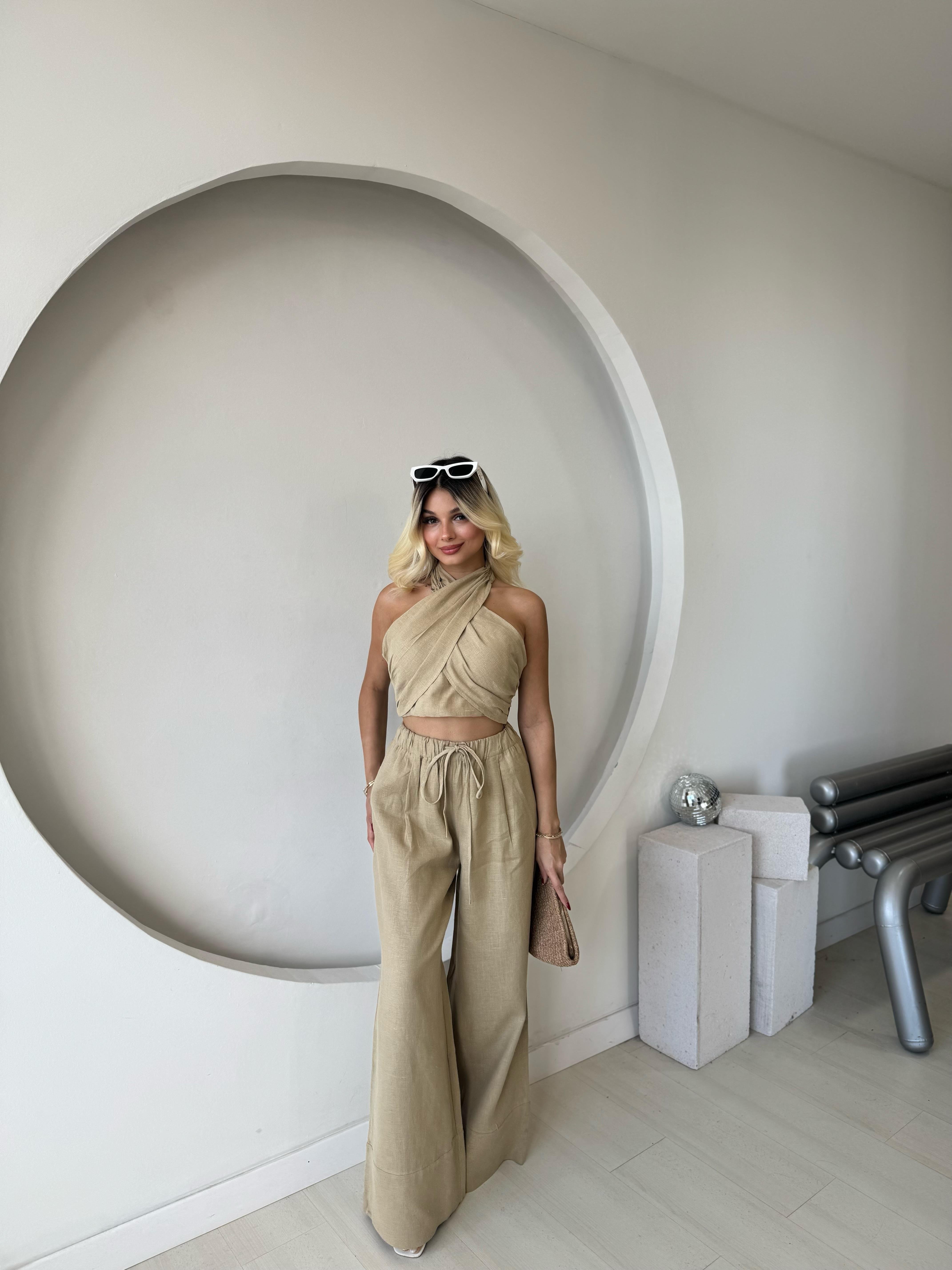 Haki Keten Crop Pantolon Takım