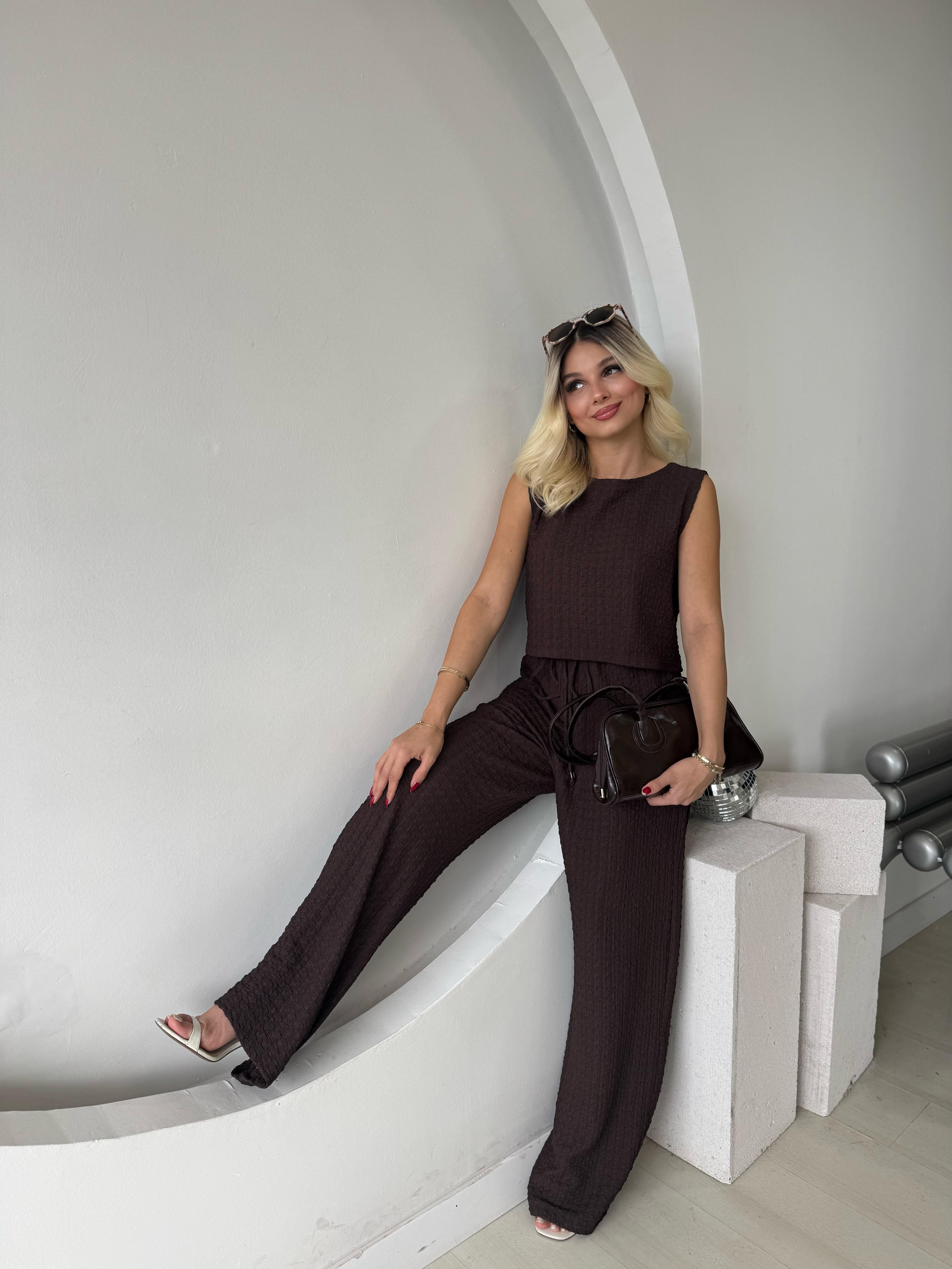 Kahve Dokulu Crop Takım