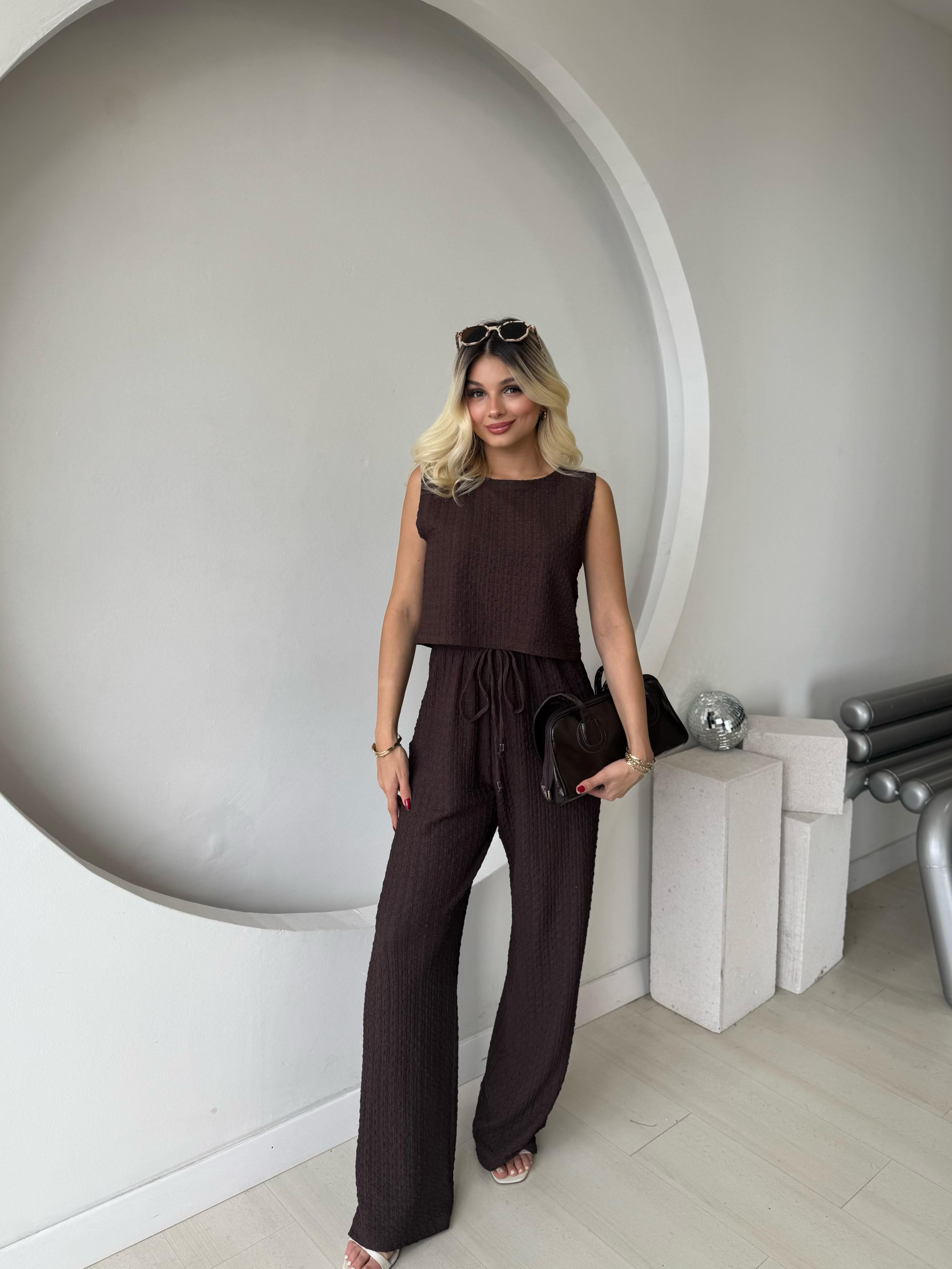 Kahve Dokulu Crop Takım