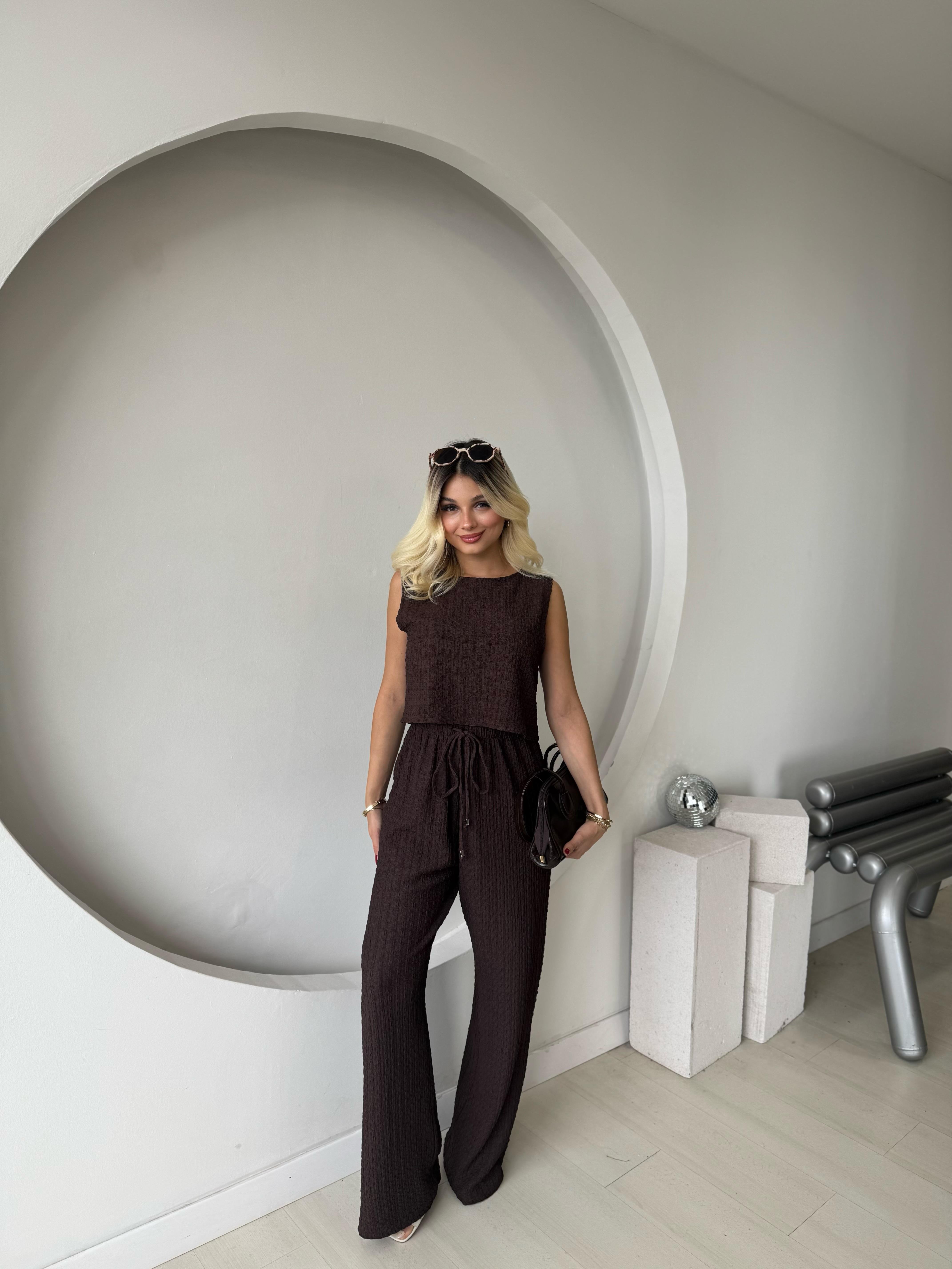 Kahve Dokulu Crop Takım